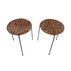 Pair of Carl Auböck Attributed Wicker Rattan & Iron Tables or Stools Circa 1950s