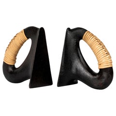 Pair of Carl Auböck Model #3530 'Flatiron' Patinated Brass and Cane Bookends