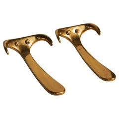 Pair of Carl Auböck Model #4982 Polished Brass Wall Hooks, Austria, 1950s