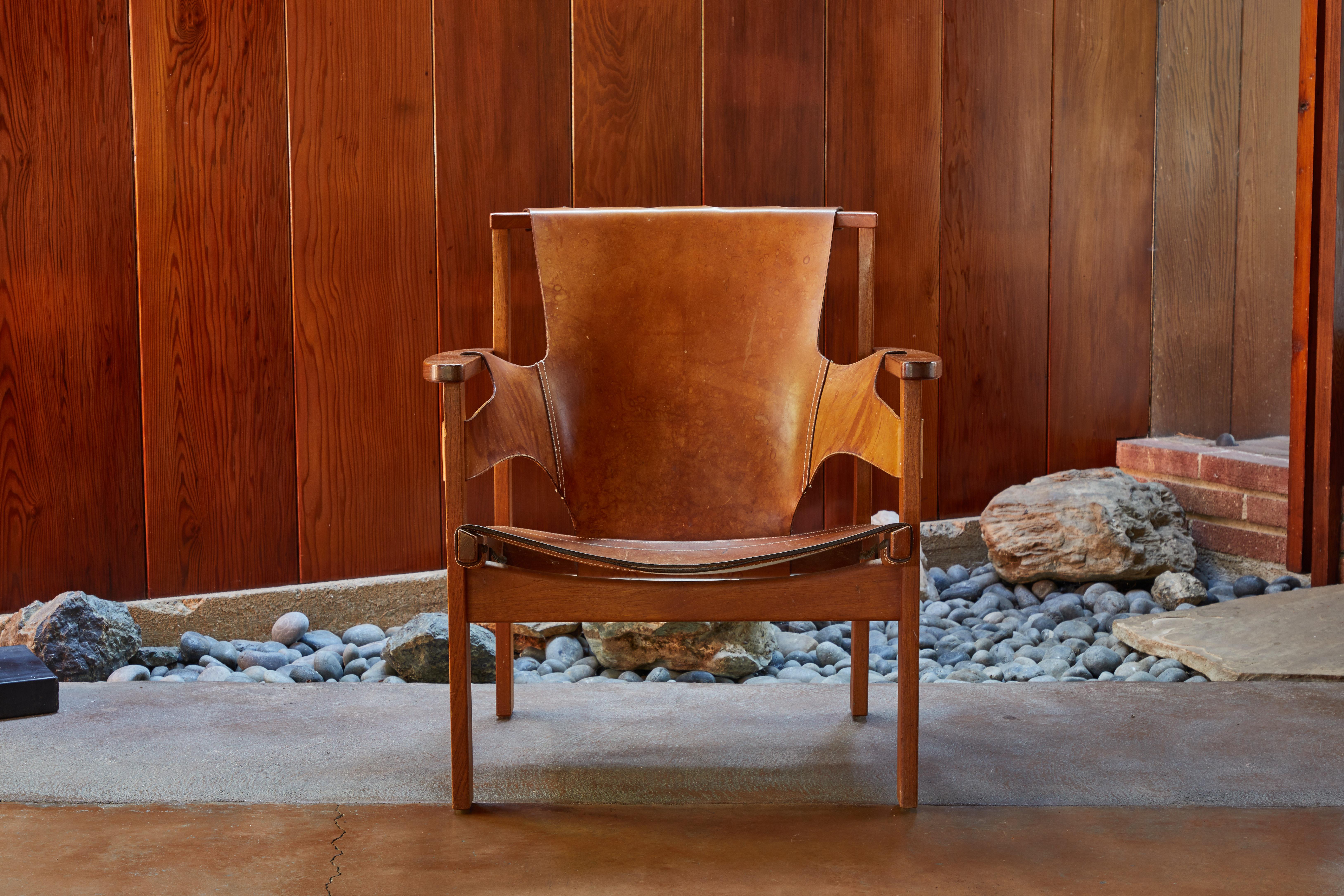 Pair of Carl Axel Acking 'Trienna' Chairs in Patinated Brown Leather, circa 1957 In Good Condition In Glendale, CA