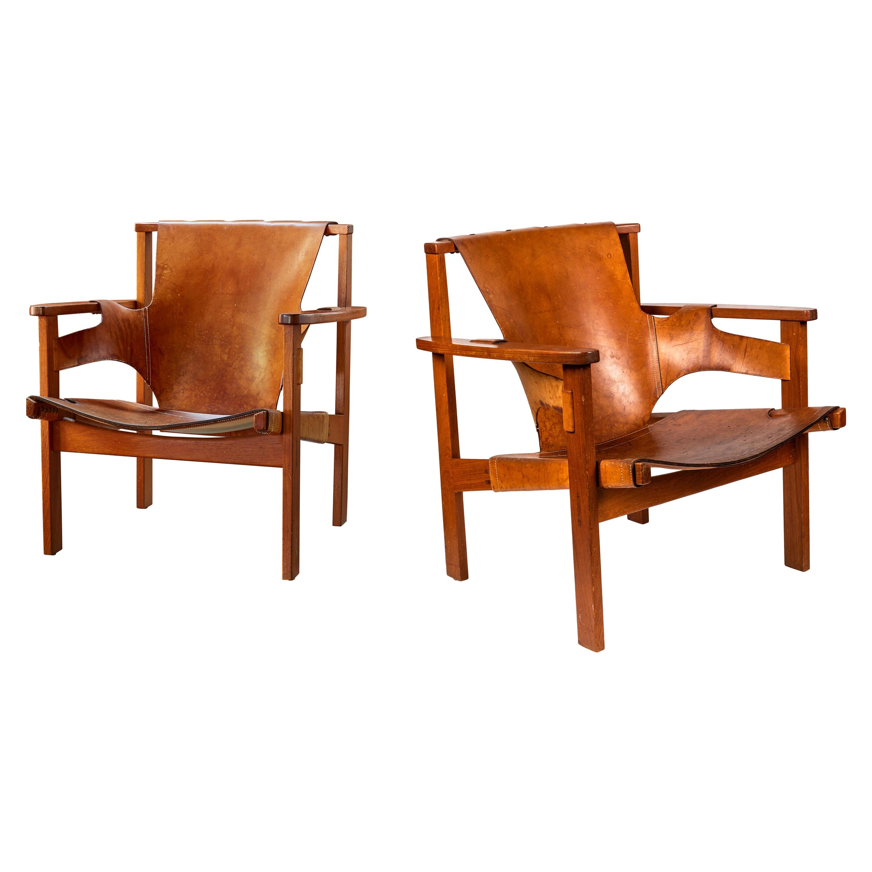 Pair of Carl Axel Acking 'Trienna' Chairs in Patinated Brown Leather, circa 1957