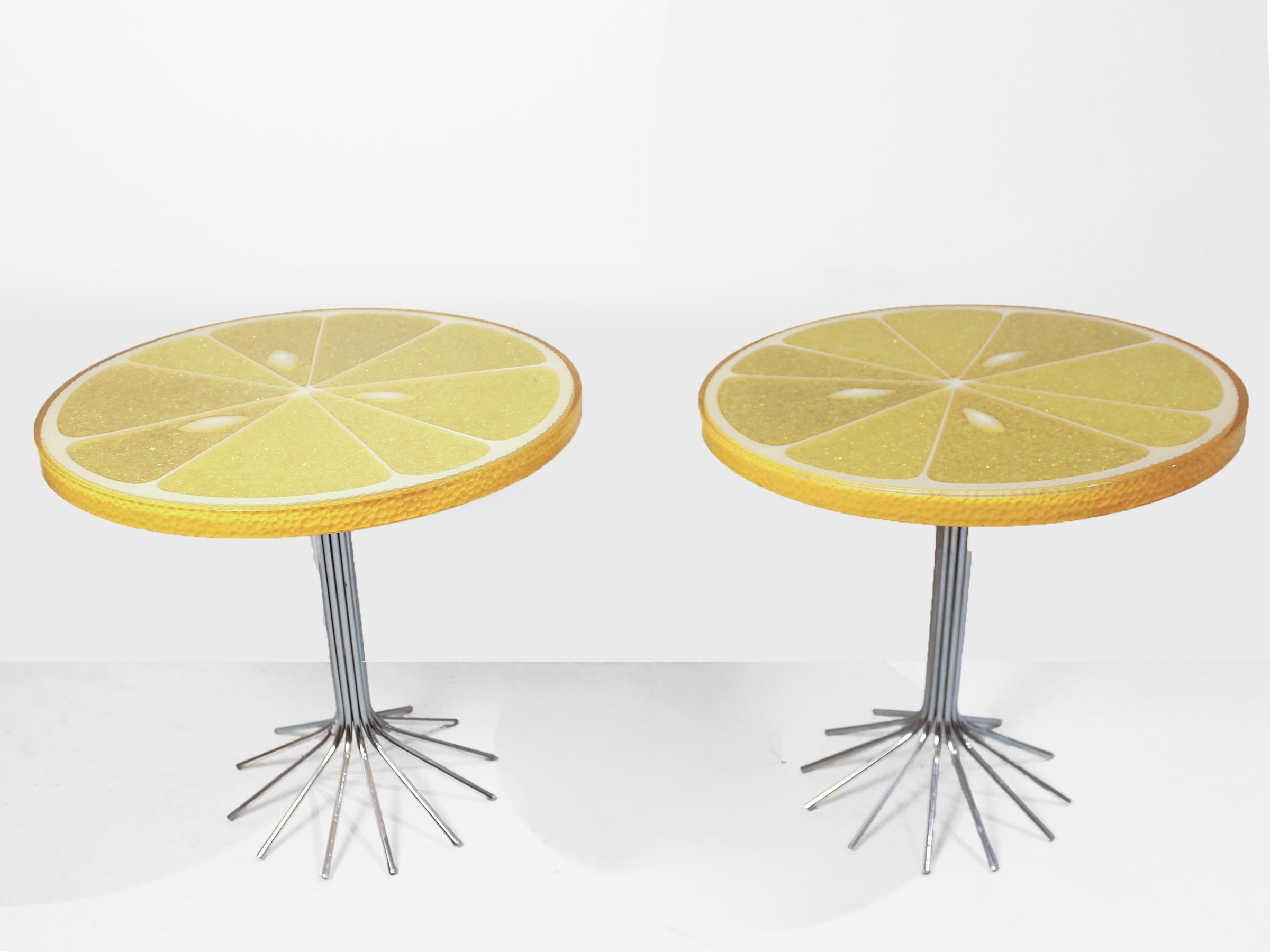 Designed by Carl Chaffee in the 1960s, this pair of realistic citrus slice side tables resembles a citrus slice in the tiniest details. With the unique attention to detail and craftsmanship, the texture of each element is eyecatching. The tables are