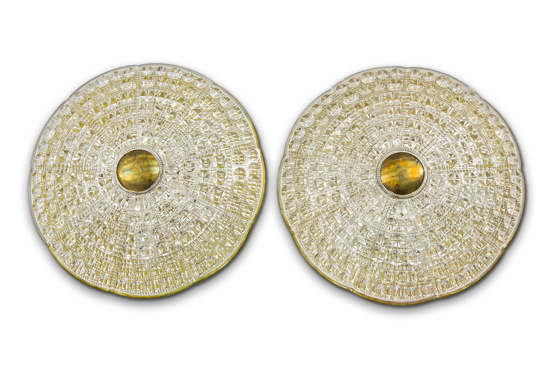 Mid-Century Modern Pair of Carl Fagerlund Brass and Orrefors Glass Wall Sconces For Sale