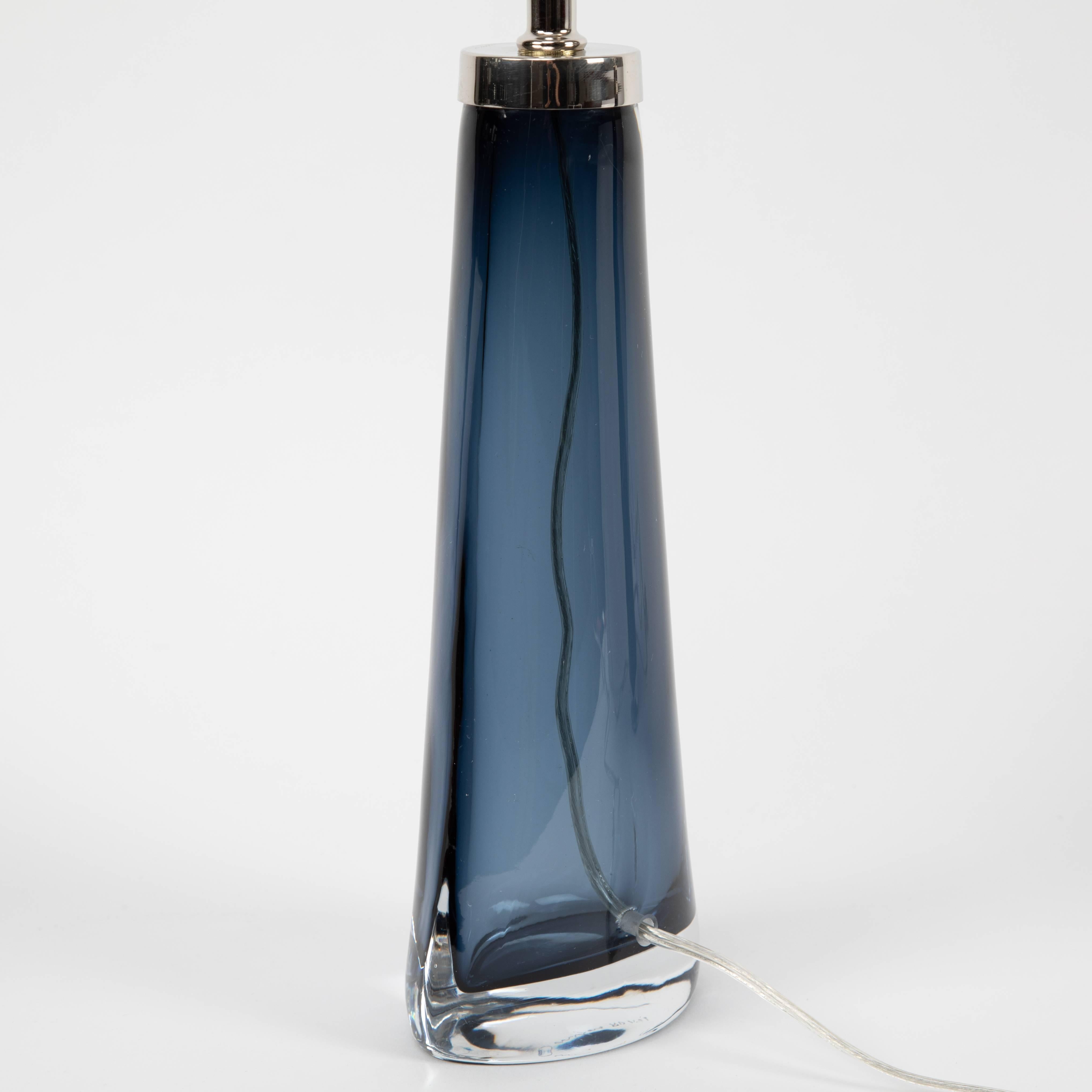 Linen Pair of Carl Fagerlund for Orrefors Blue Glass Table Lamps, circa 1960s