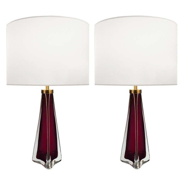 Swedish Pair of Carl Fagerlund for Orrefors Raspberry and Clear Glass Lamps For Sale