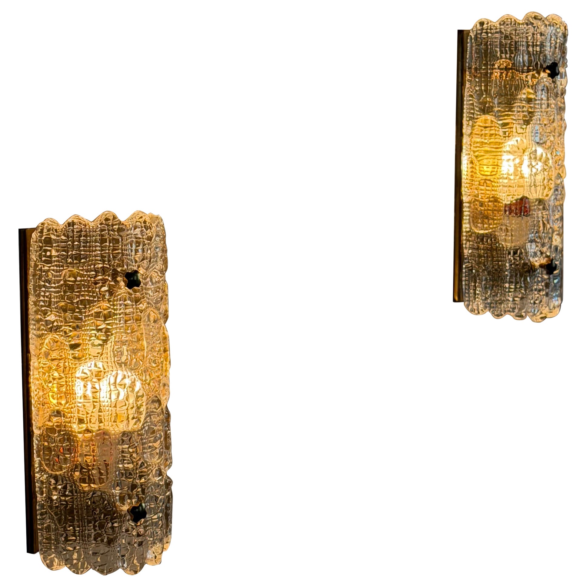 Pre-owned Orrefors Pair Of Carl Fagerlund Textured Glass Wall Lights For , 1970s In Brown