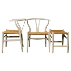 Pair of Carl Hansen Wishbone Chairs and One Ottoman Off-White Frames