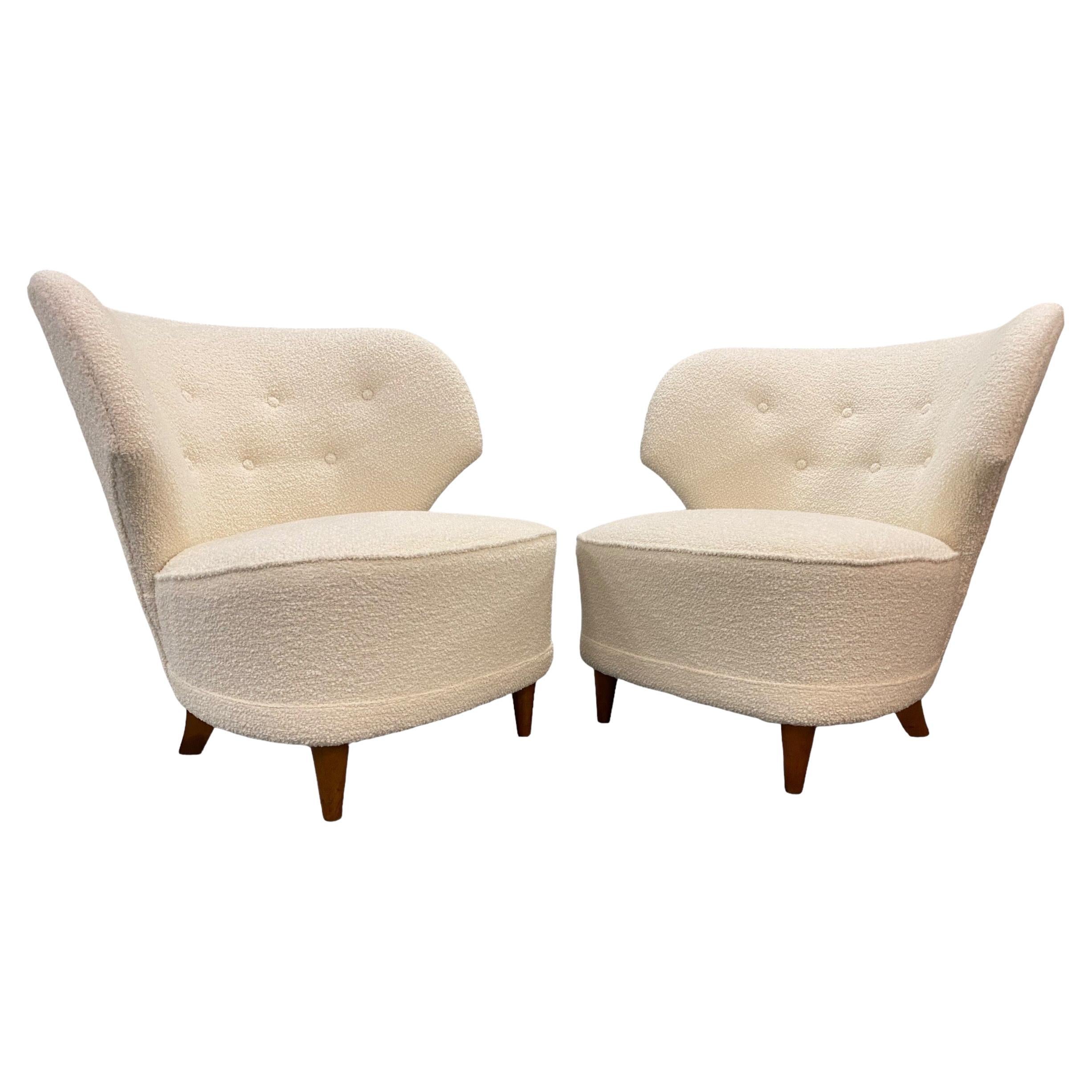 Pair Of Carl-Johan Boman Armchairs Upholstered in White Fabric, Boman Oy 1950s