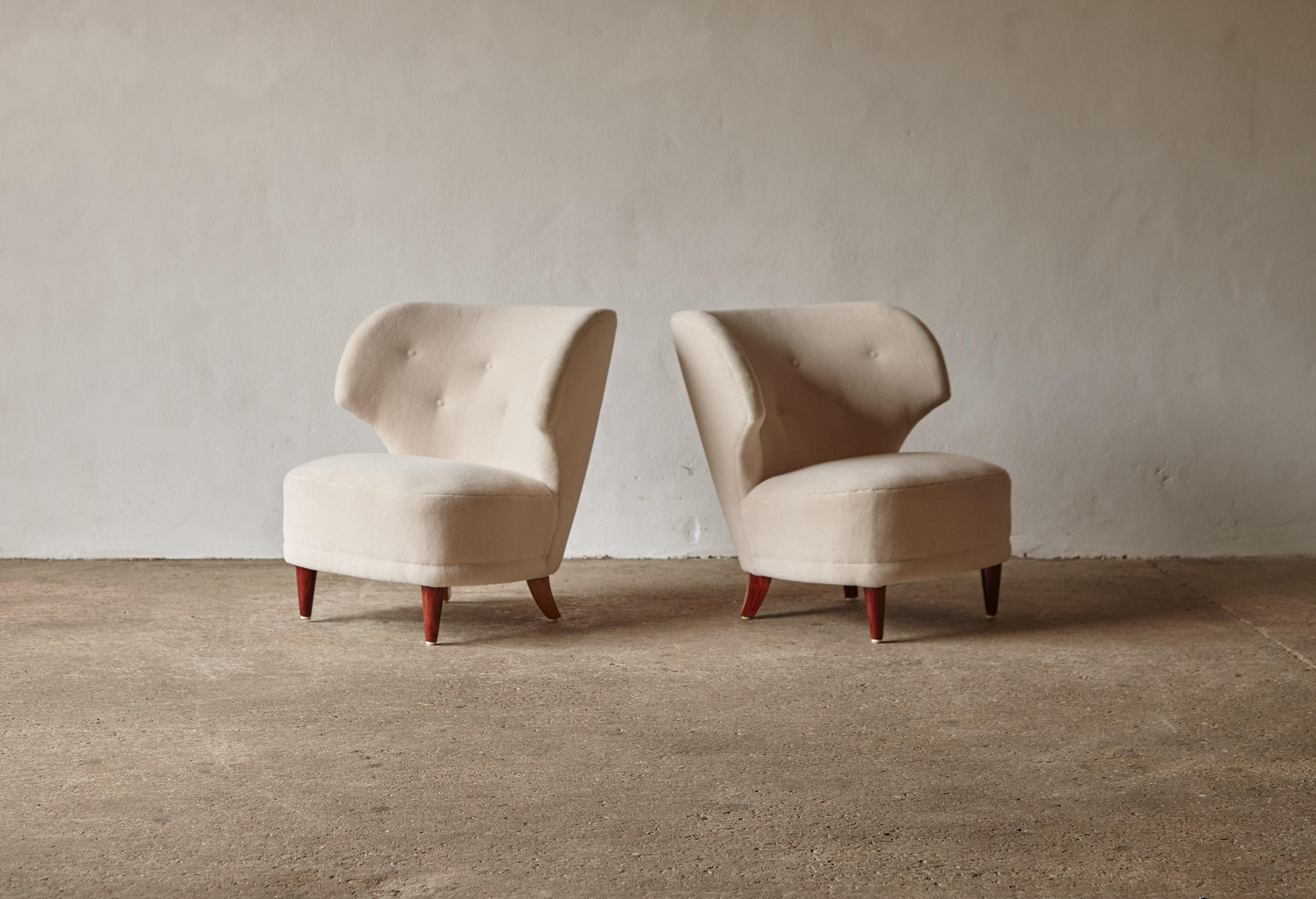 Mid-Century Modern Pair of Carl-Johan Boman Chairs, in Pure Alpaca, Finland, 1940s