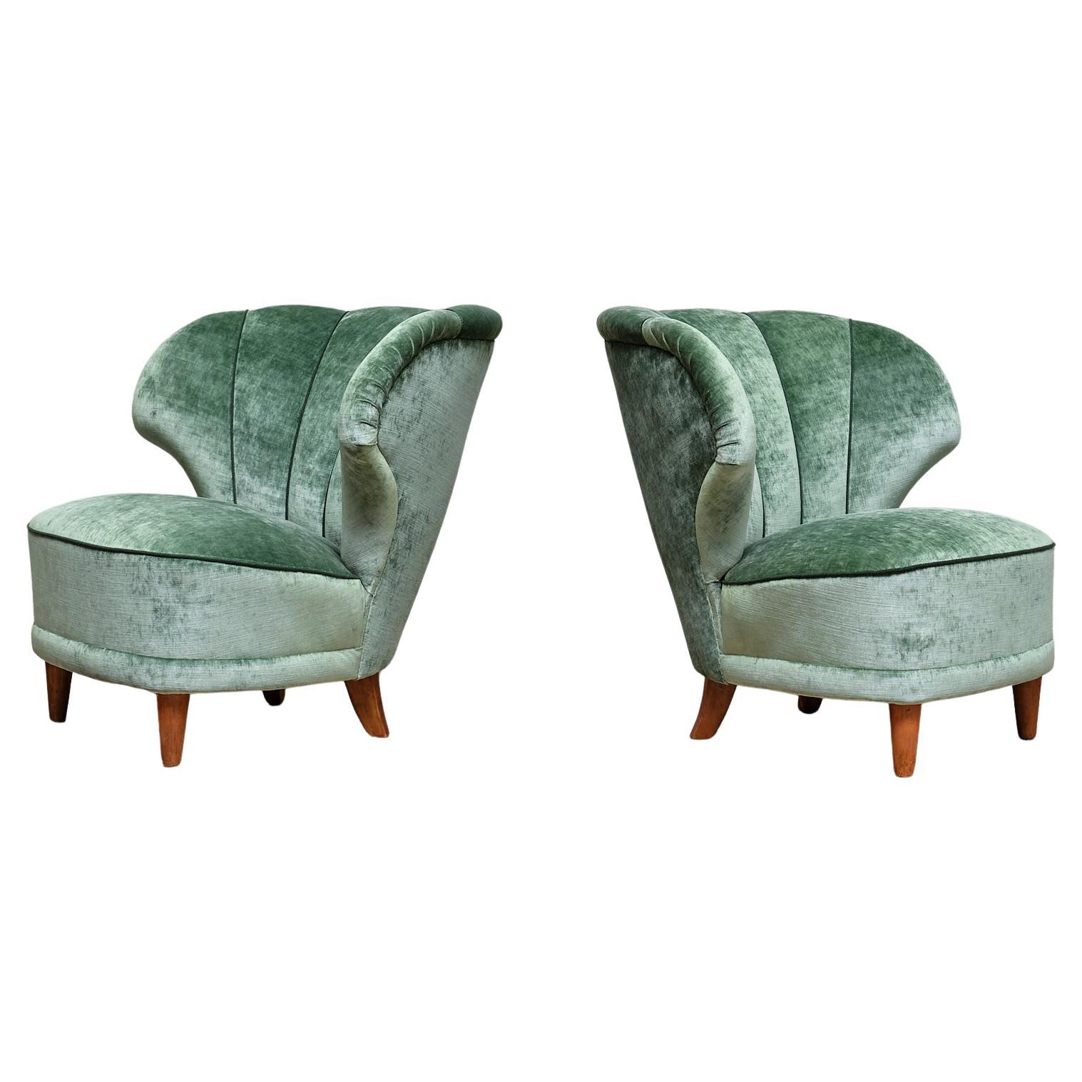 Pair of Carl-Johan Boman Lounge Chairs in Jade Green Velvet, Finland, 1950s