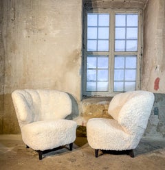 Pair of Carl-Johan Boman Lounge Chairs in Sheepskin, Finland, 1930s