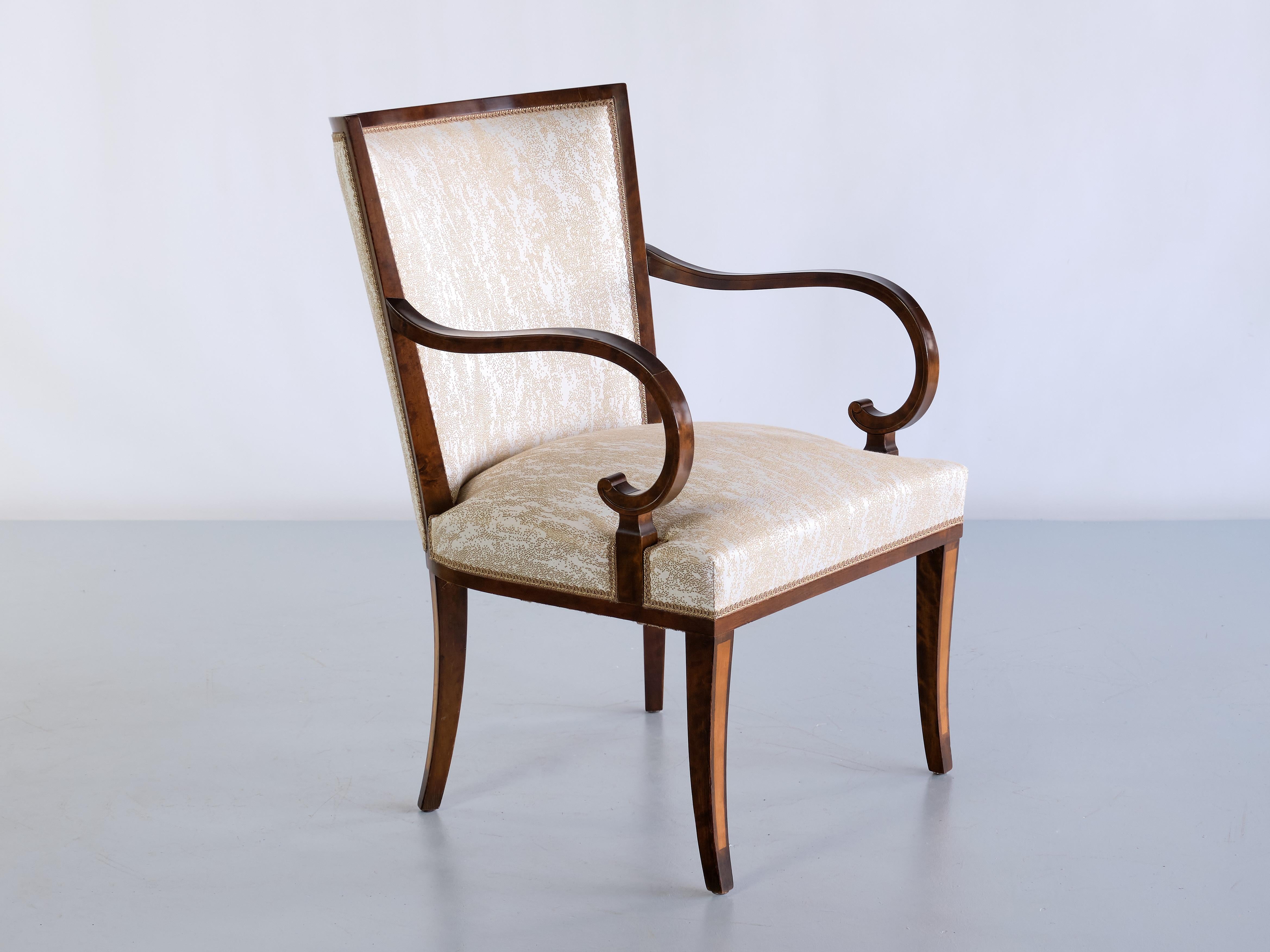 Upholstery Pair of Carl Malmsten Armchairs in Birch and Satinwood, Bodafors, Sweden, 1930s For Sale