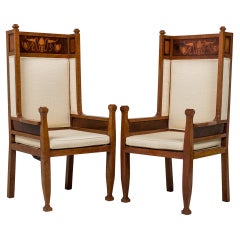 Pair of Carl Malmsten Art Deco Swedish Inlaid High Back Upholstered Armchairs