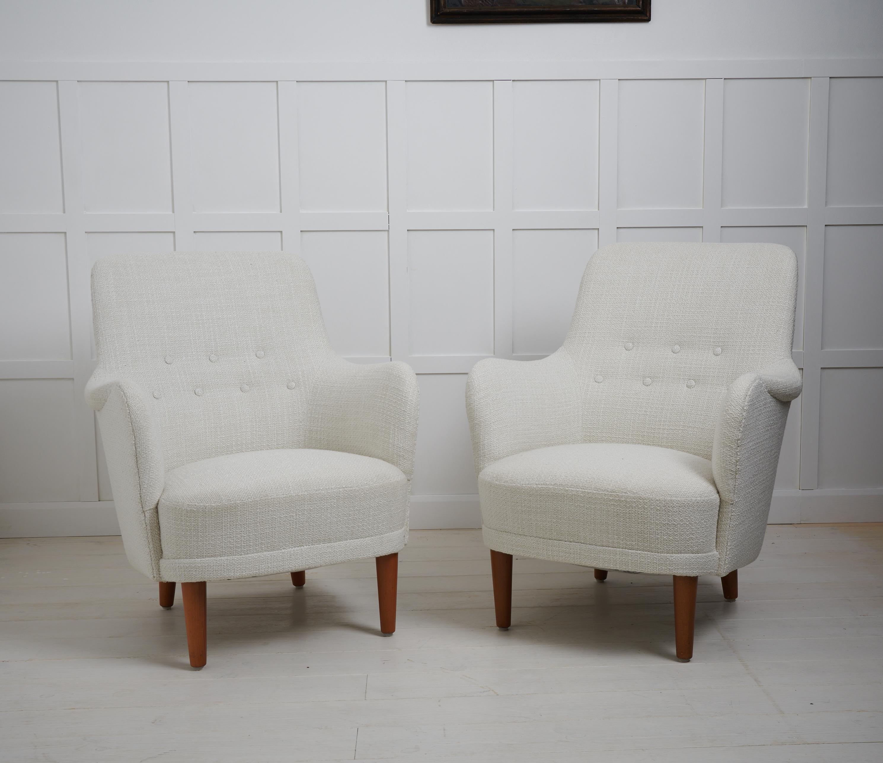 Wood Pair of Carl Malmsten Samsas Swedish Modern White Armchairs