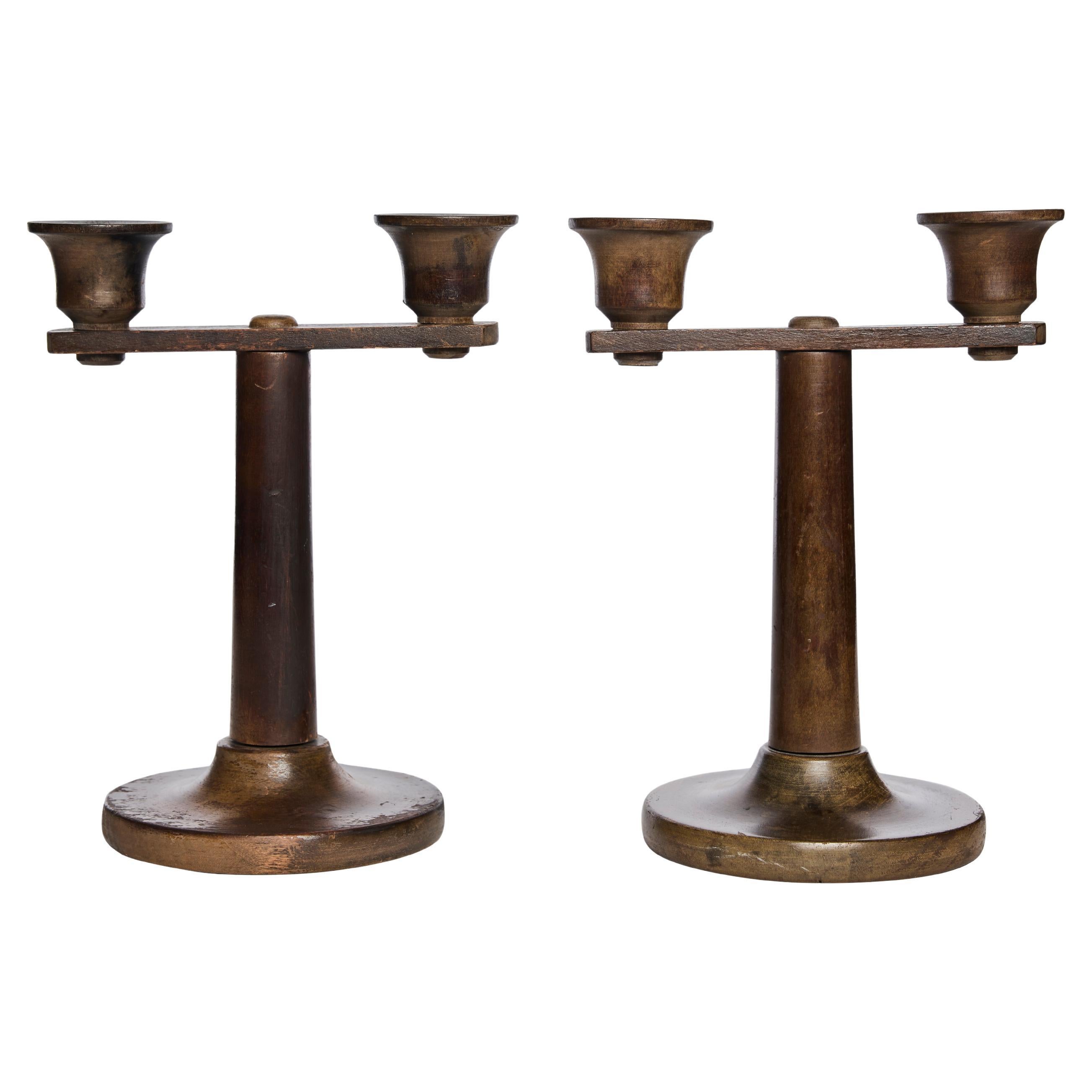 Coppia di portacandele in betulla tornita di Carl Malmsten per Liljeholmens, Svezia, anni '20