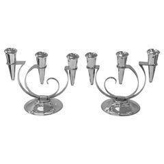 Pair of Carl Poul Petersen Sterling Art Deco three light Candlesticks C.1935