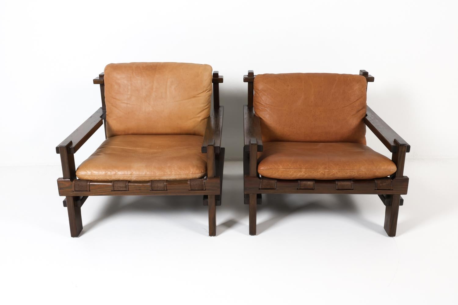 Dutch Pair of Carl Straub Danish Brutalist Sling Leather Lounge Chairs, C. 1970s