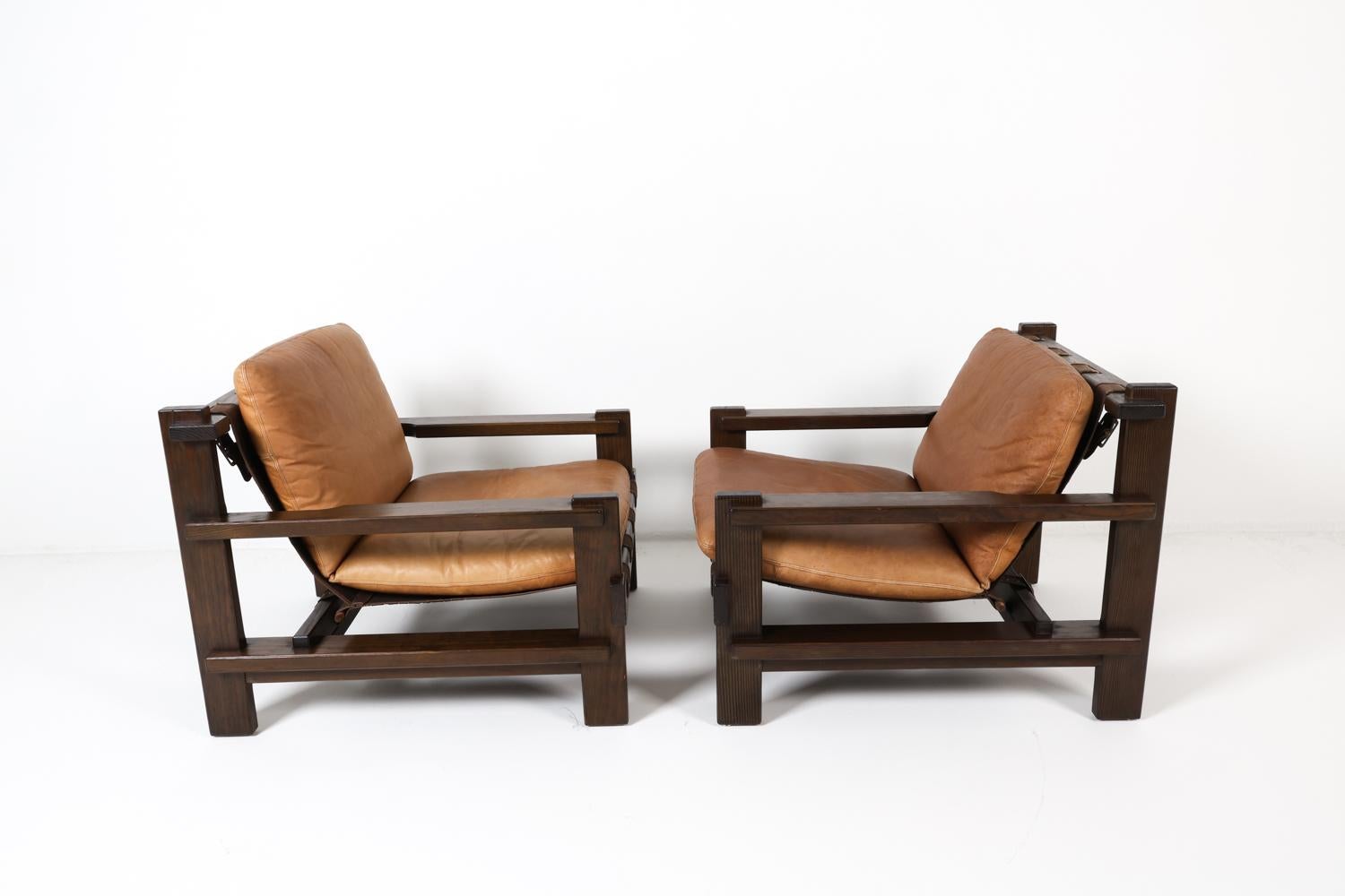 Pair of Carl Straub Danish Brutalist Sling Leather Lounge Chairs, C. 1970s In Good Condition In Norwalk, CT