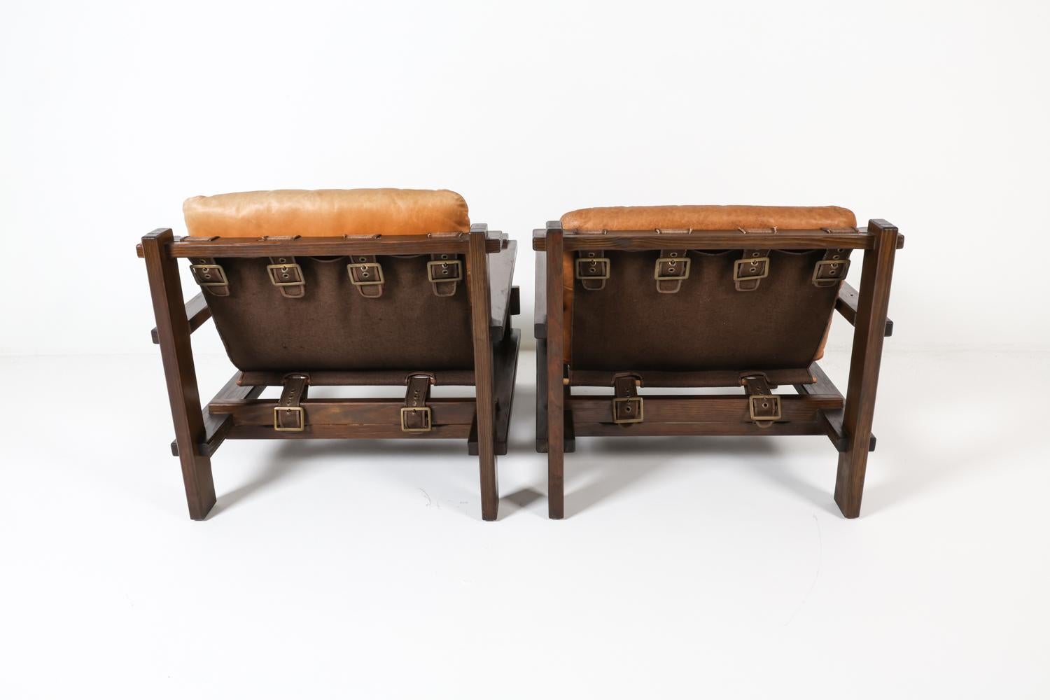 20th Century Pair of Carl Straub Danish Brutalist Sling Leather Lounge Chairs, C. 1970s