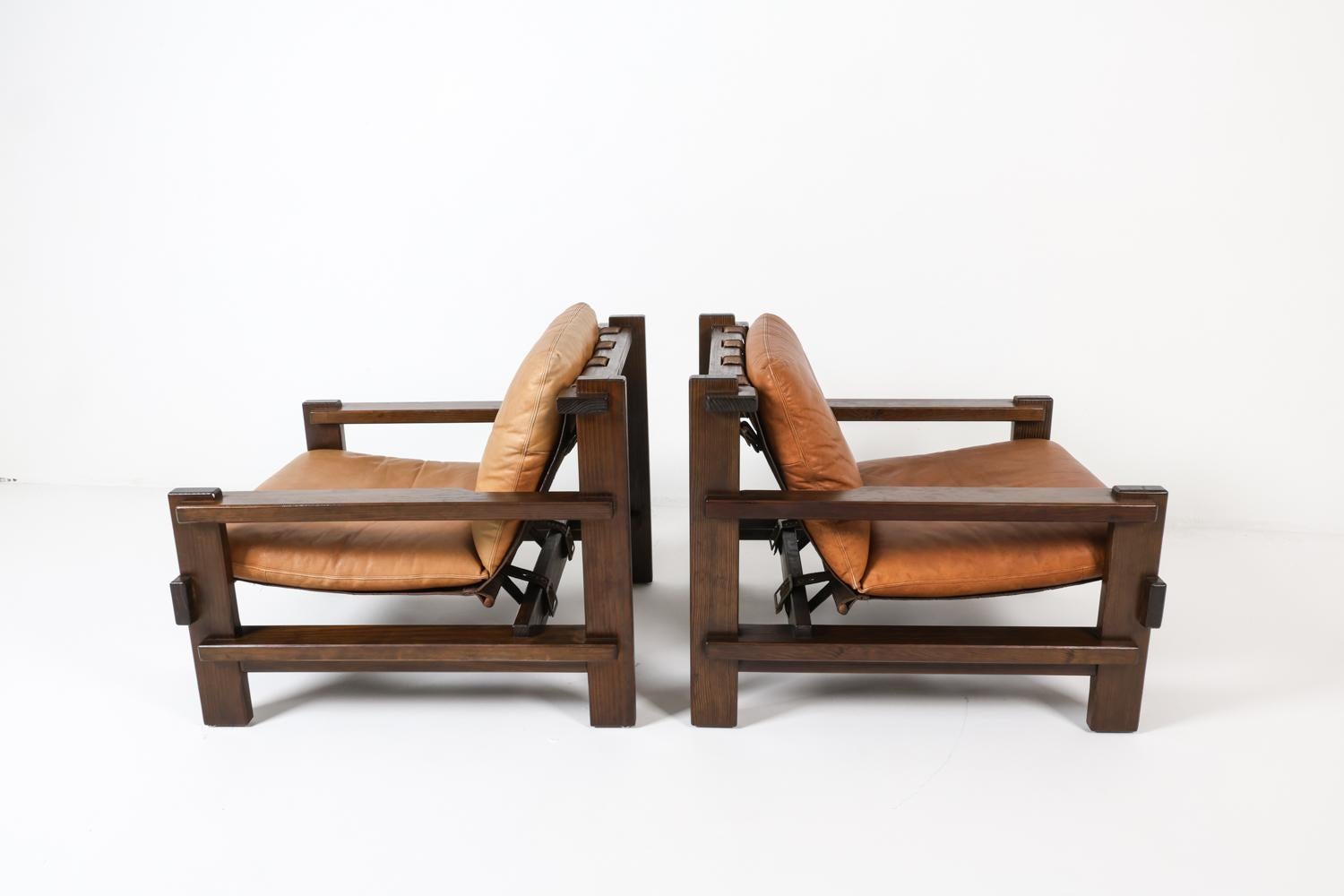 Pair of Carl Straub Danish Brutalist Sling Leather Lounge Chairs, C. 1970s 1
