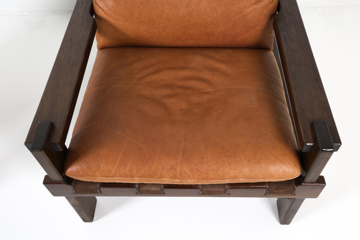 Pair of Carl Straub Danish Brutalist Sling Leather Lounge Chairs, C. 1970s 3