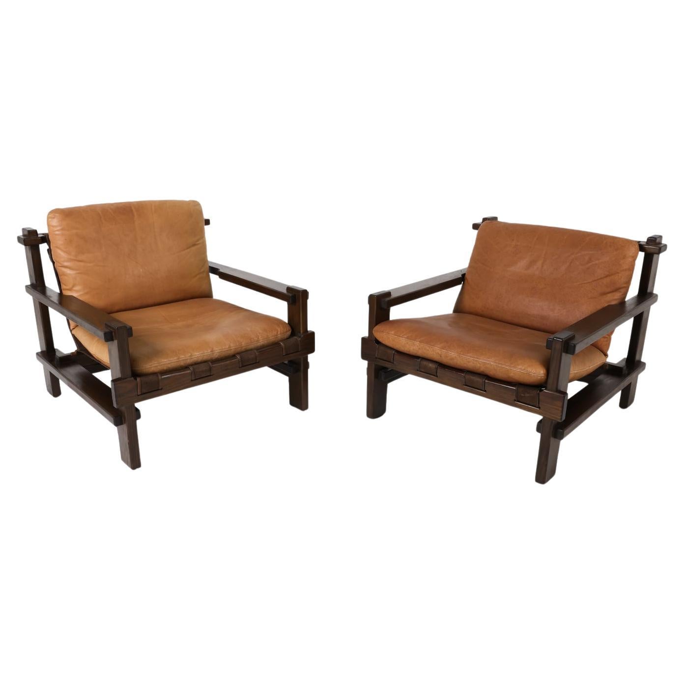 Pair of Carl Straub Danish Brutalist Sling Leather Lounge Chairs, C. 1970s