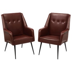 Pair of Carli Style Burgundy High Back Chairs on Black Metal Legs, Italy, 1960's