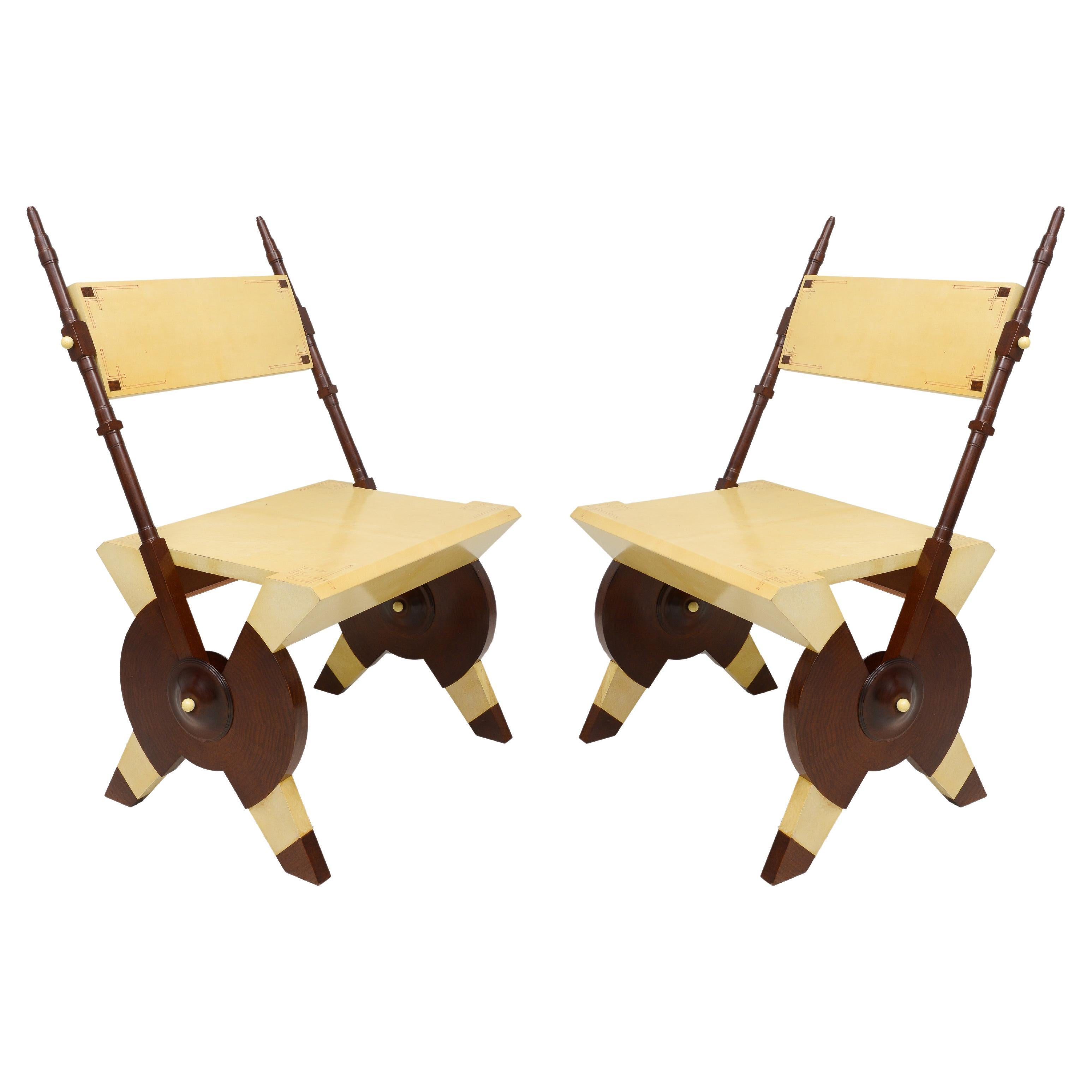 Pair of Carlo Bugatti Inspired Handcrafted Parchment and Mahogany Chairs