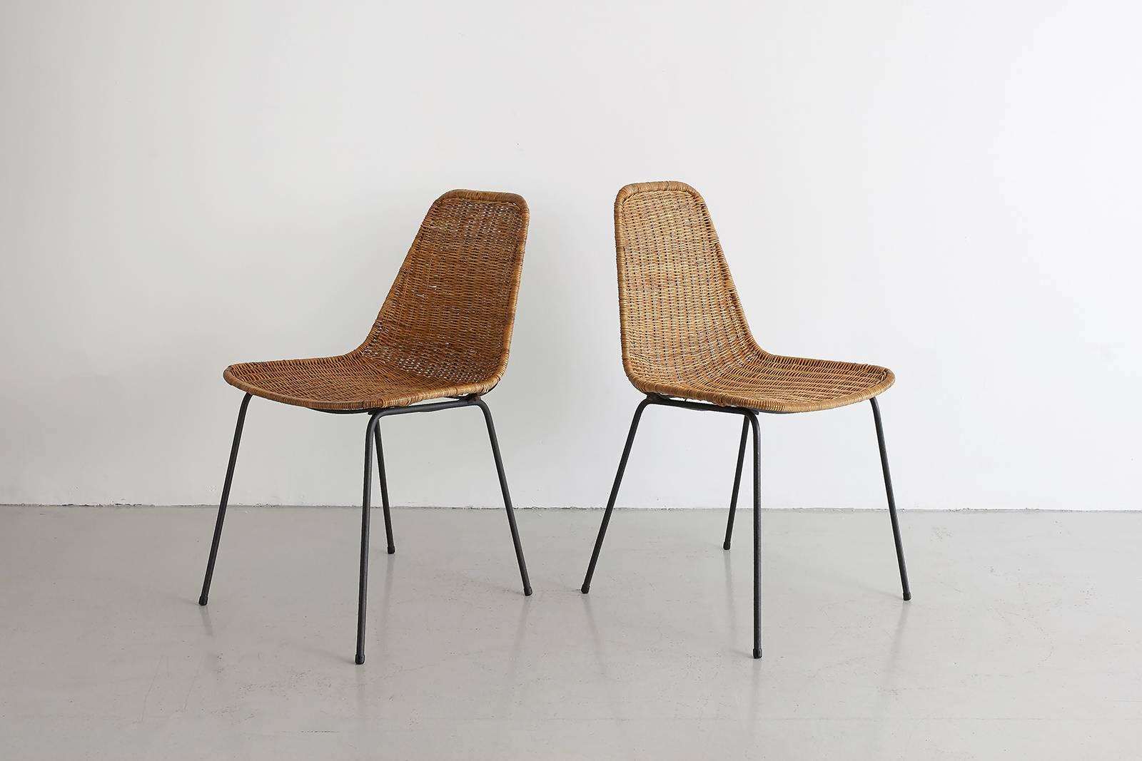German Pair of Carlo Graffi Wicker and Iron Chairs