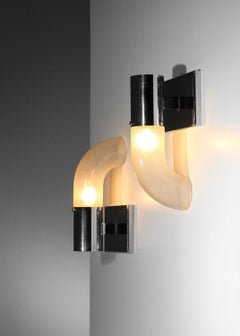 Pair of Carlo Nason sconces in bubble glass and chromed steel from the 60's