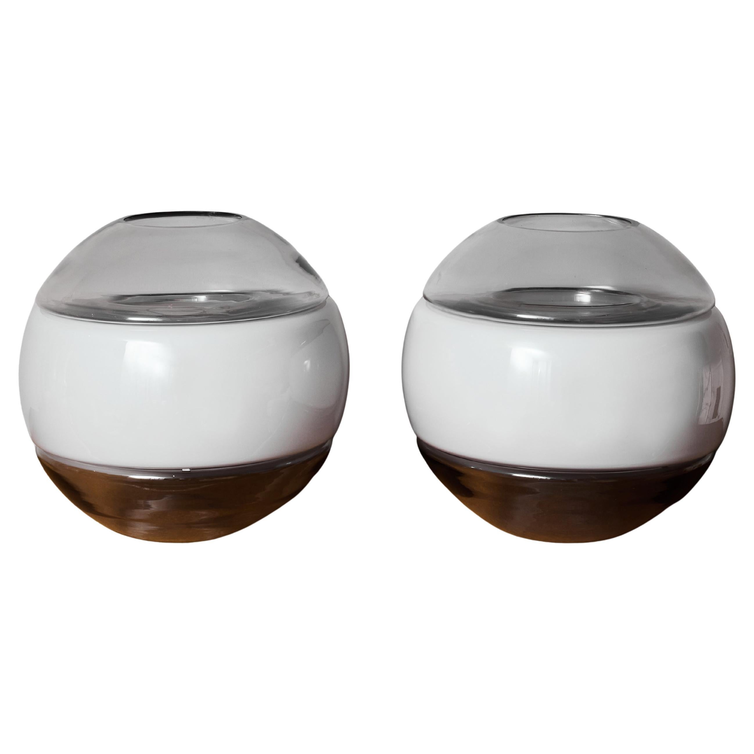 Paire de lampes de table Carlo Nason pour Linea GB Milano, verre fumé et opalin