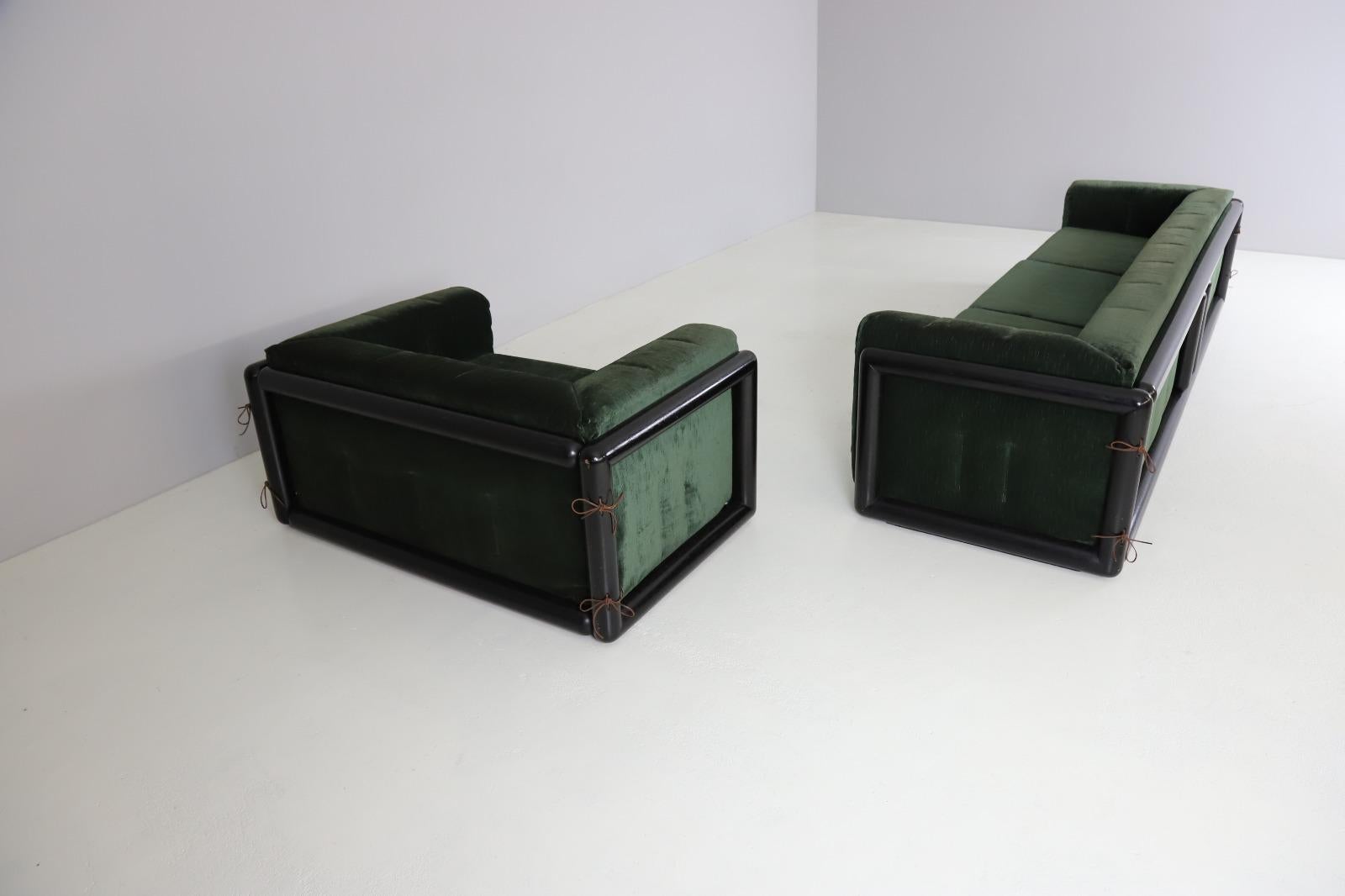 Italian Pair of Carlo Scarpa 'Cornaro' Sofas in Dark Green Velvet Upholstery