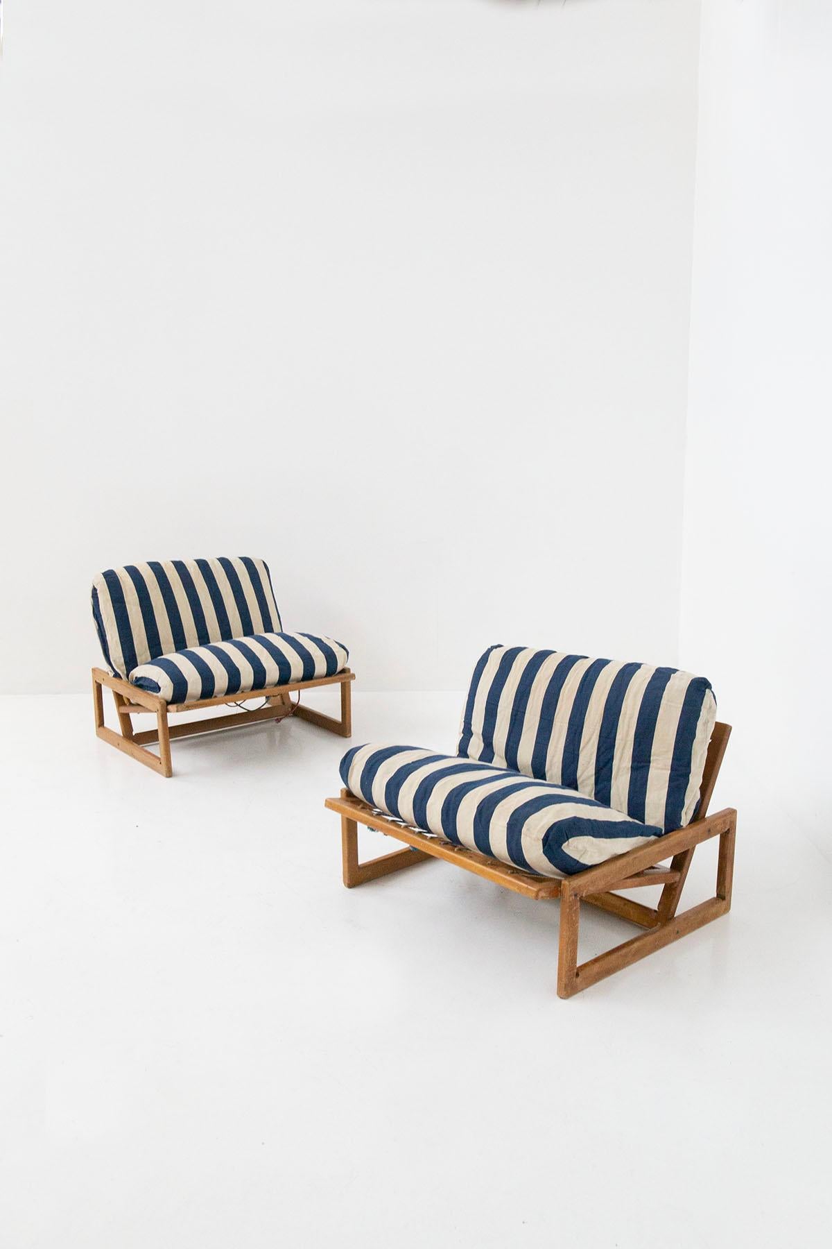 Eccentric, modernist armchairs by Afra and Tobia Scarpa for 1960s Italian manufacturer CASSINA. The armchairs feature their Cassina label. The model we propose is the Carlotta model.
Made of beech wood in essential execution with joints present in