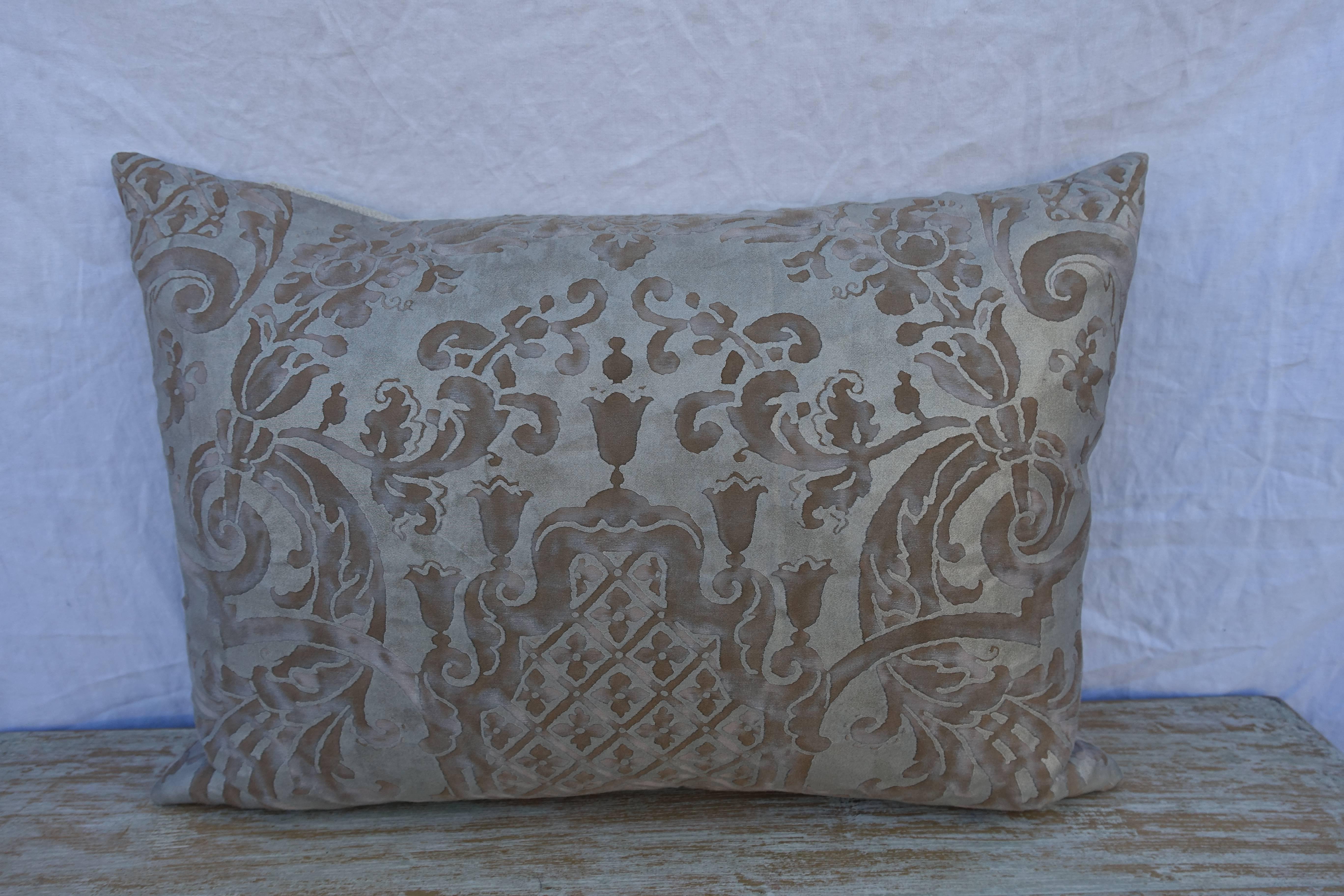 Pair of custom Carnavalet patterned grey and silvery gold fortuny textile pillows with home spun linen backs. Down inserts, sewn closed.