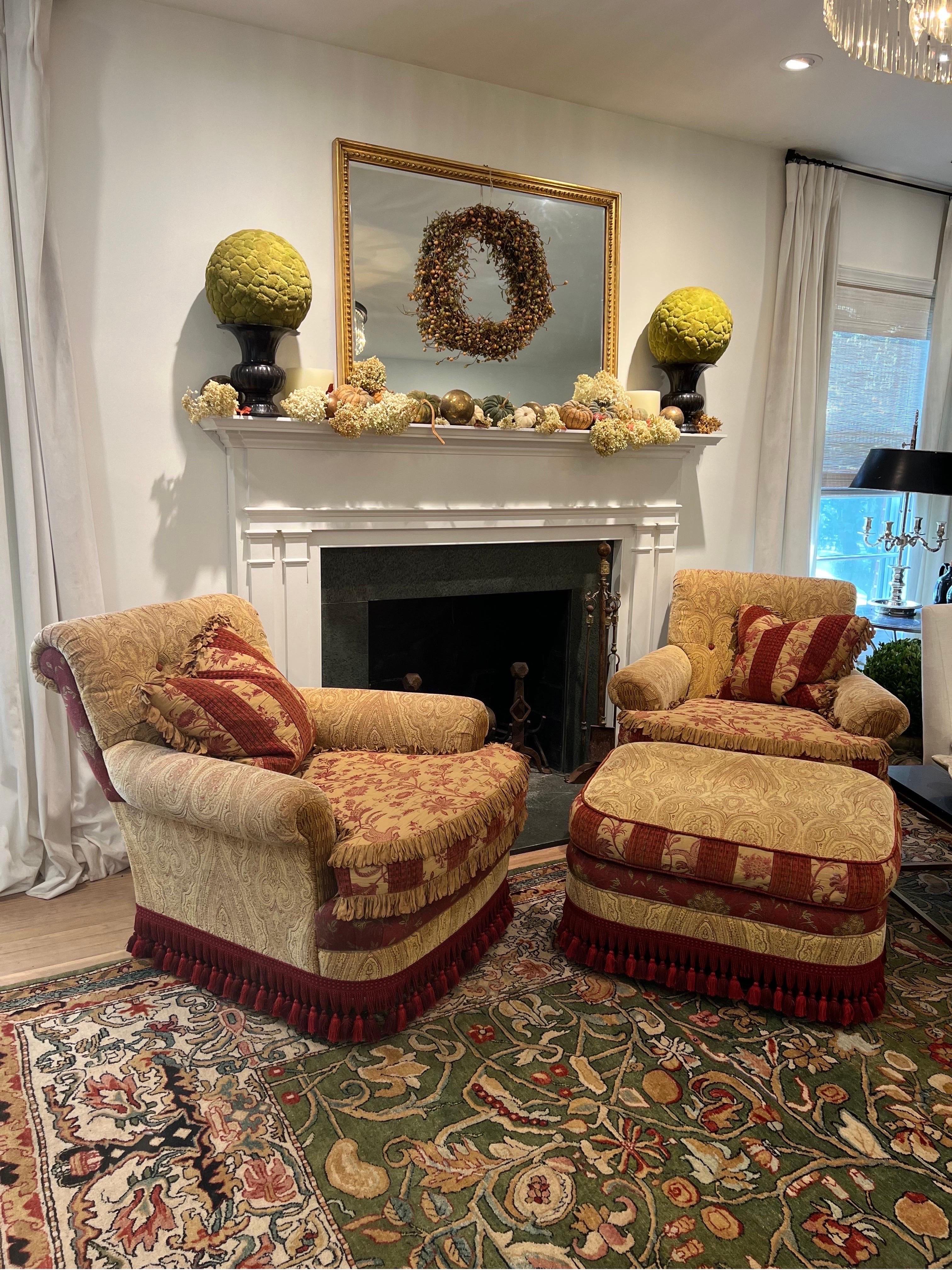 Rare Gorgeous Pair of vintage chairs by EJ Victor with ottoman.
The Carol Hicks Bolton Collection emphasized ornate antique elements and rich fabrics.

This pair includes a matching Ottoman measuring approx 31 x 26.  Tufted back with reversible