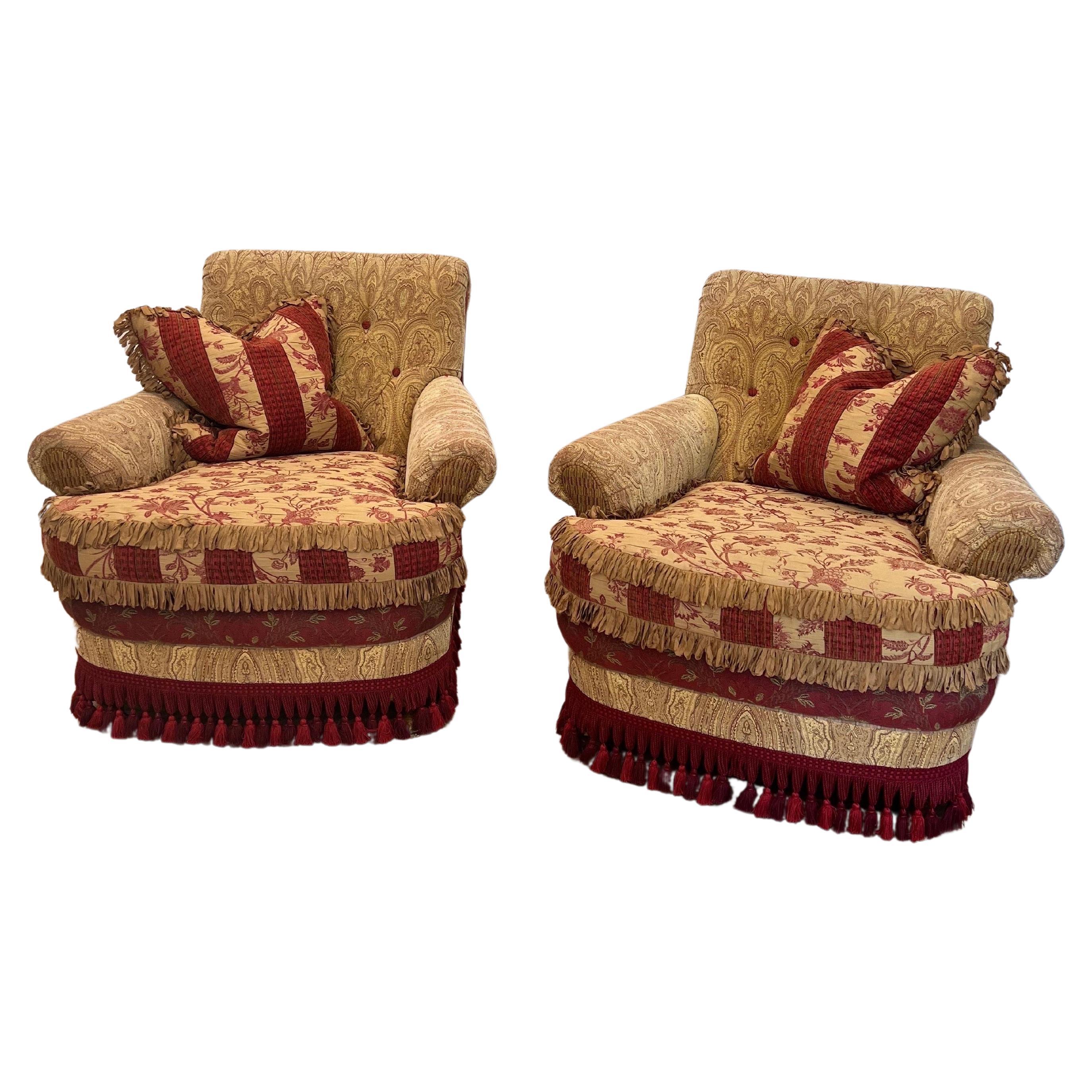Pair of Carol Hicks Bolton Collection by EJ Victor Armchairs w/Ottoman Giltwood  For Sale