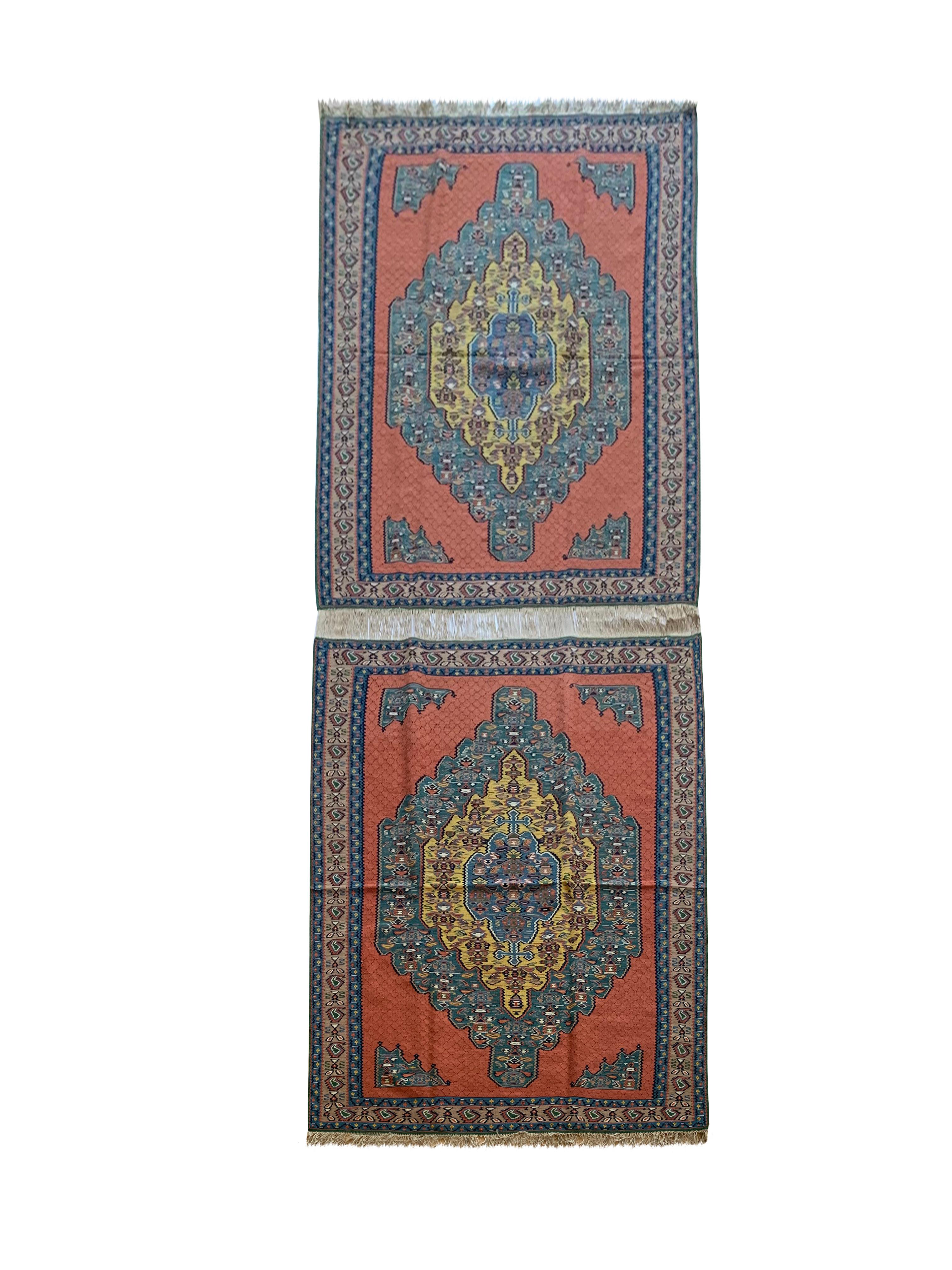 Pair of Carpet Kilim Rugs Handmade Flatwoven Silk and Wool Area Rug  For Sale 2