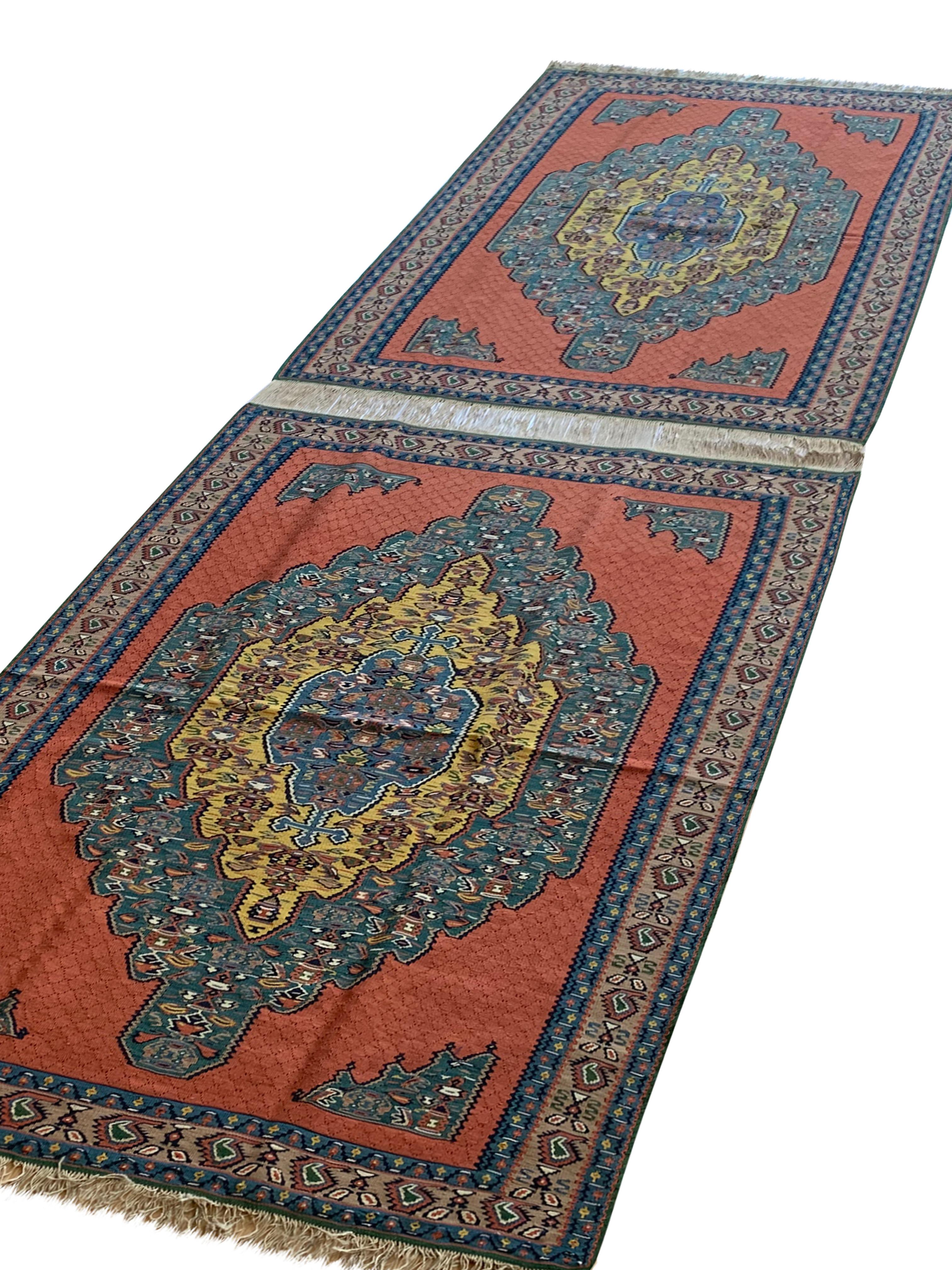 Pair of Carpet Kilim Rugs Handmade Flatwoven Silk and Wool Area Rug  For Sale 3