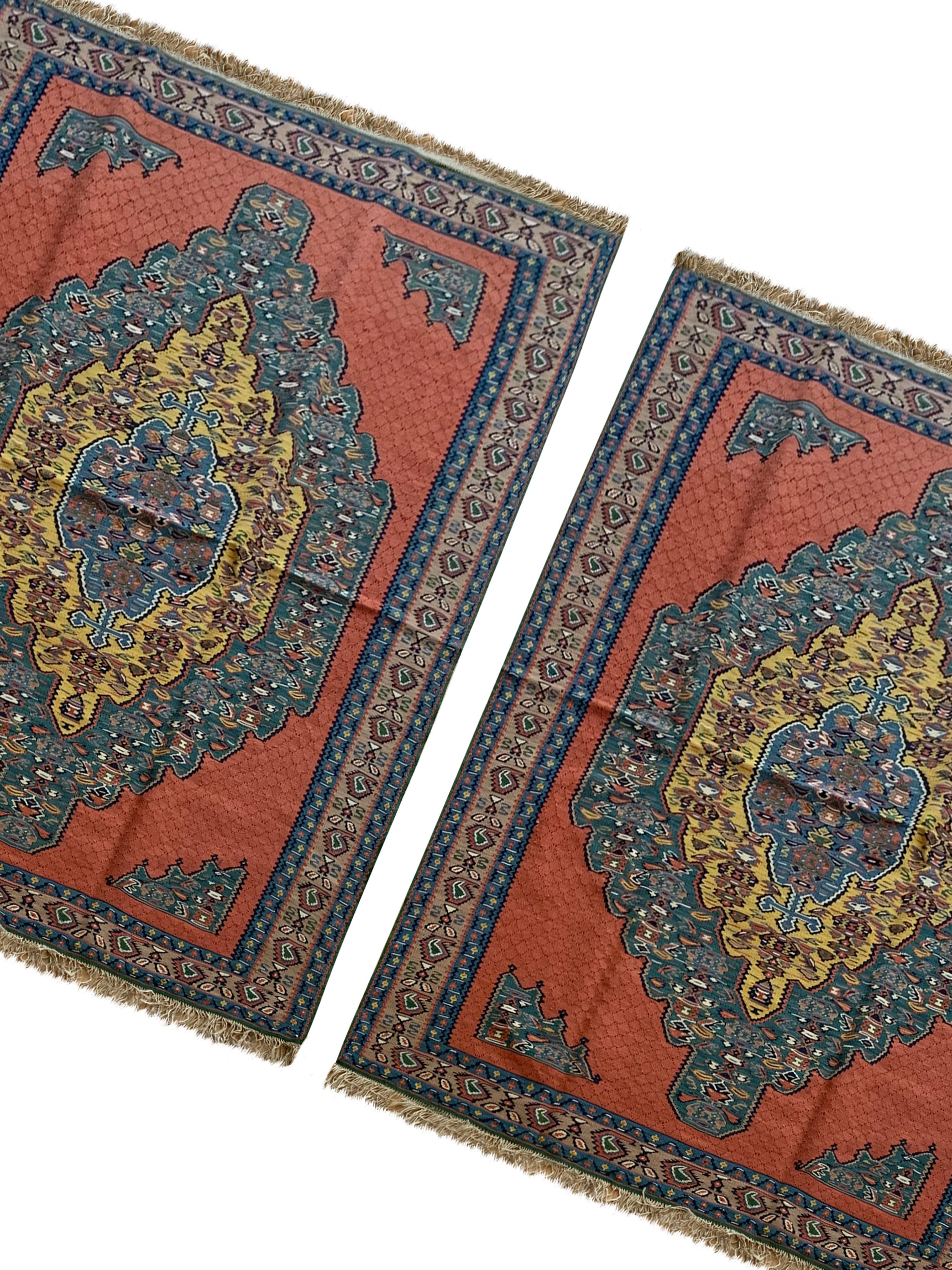 Pair of Carpet Kilim Rugs Handmade Flatwoven Silk and Wool Area Rug  For Sale 4