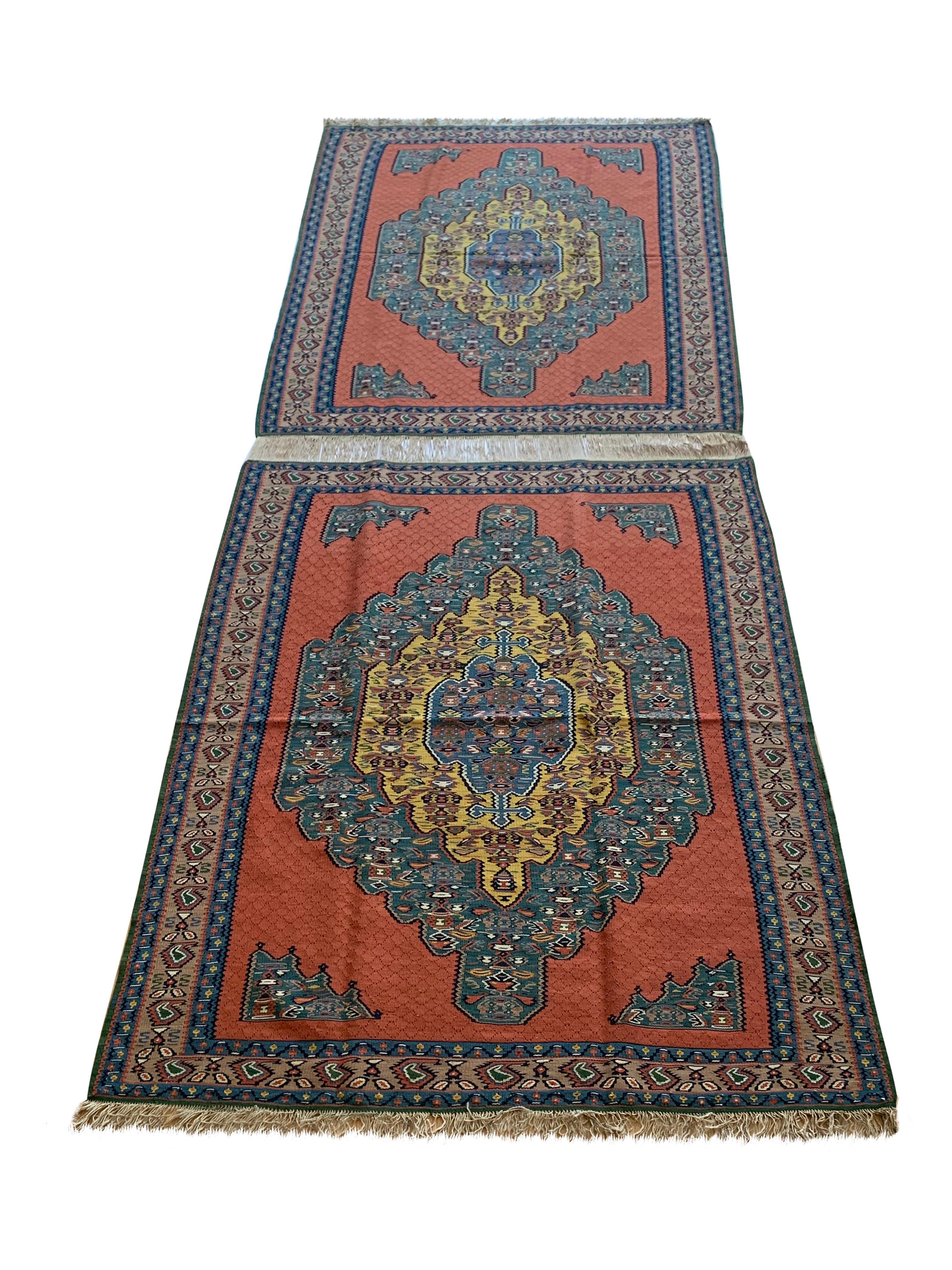 Pair of Carpet Kilim Rugs Handmade Flatwoven Silk and Wool Area Rug  For Sale 1