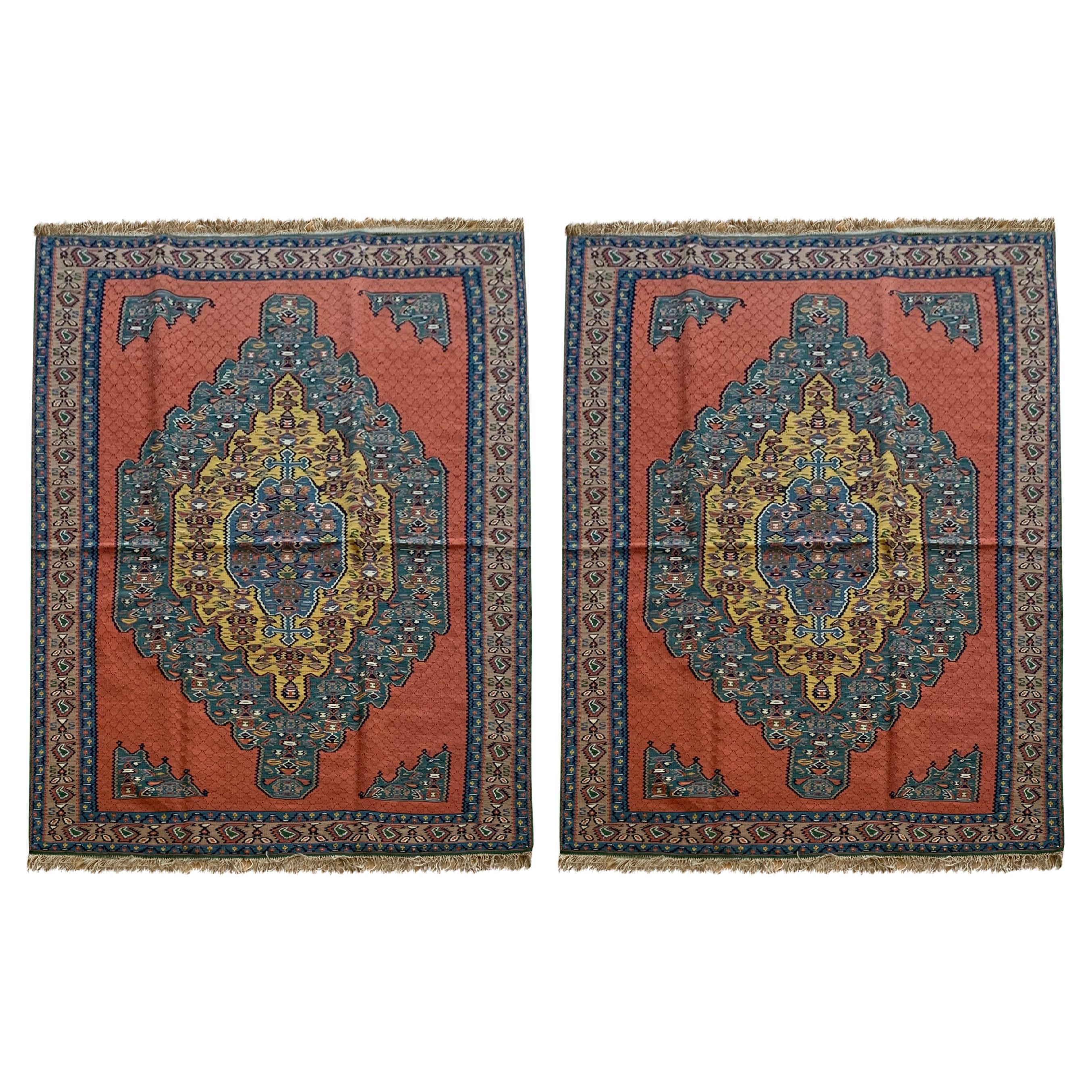 Pair of Carpet Kilim Rugs Handmade Flatwoven Silk and Wool Area Rug  For Sale