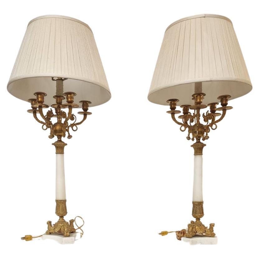 Pair of Carrara marble and Gilt Bronze Candlesticks For Sale