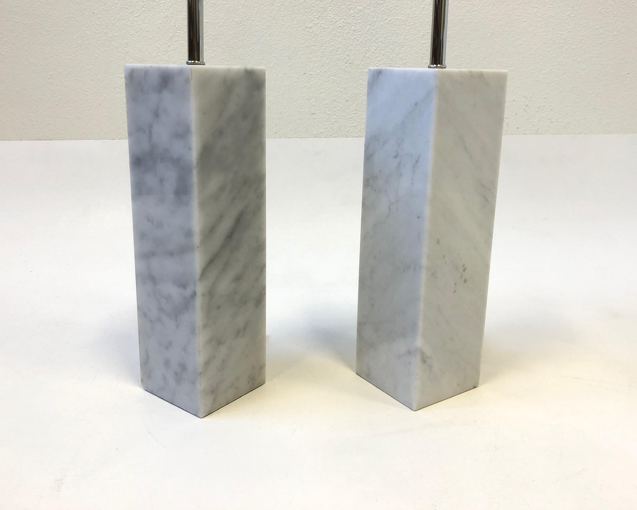 Pair of Carrara Marble and Nickel Table Lamps by Nessen 4
