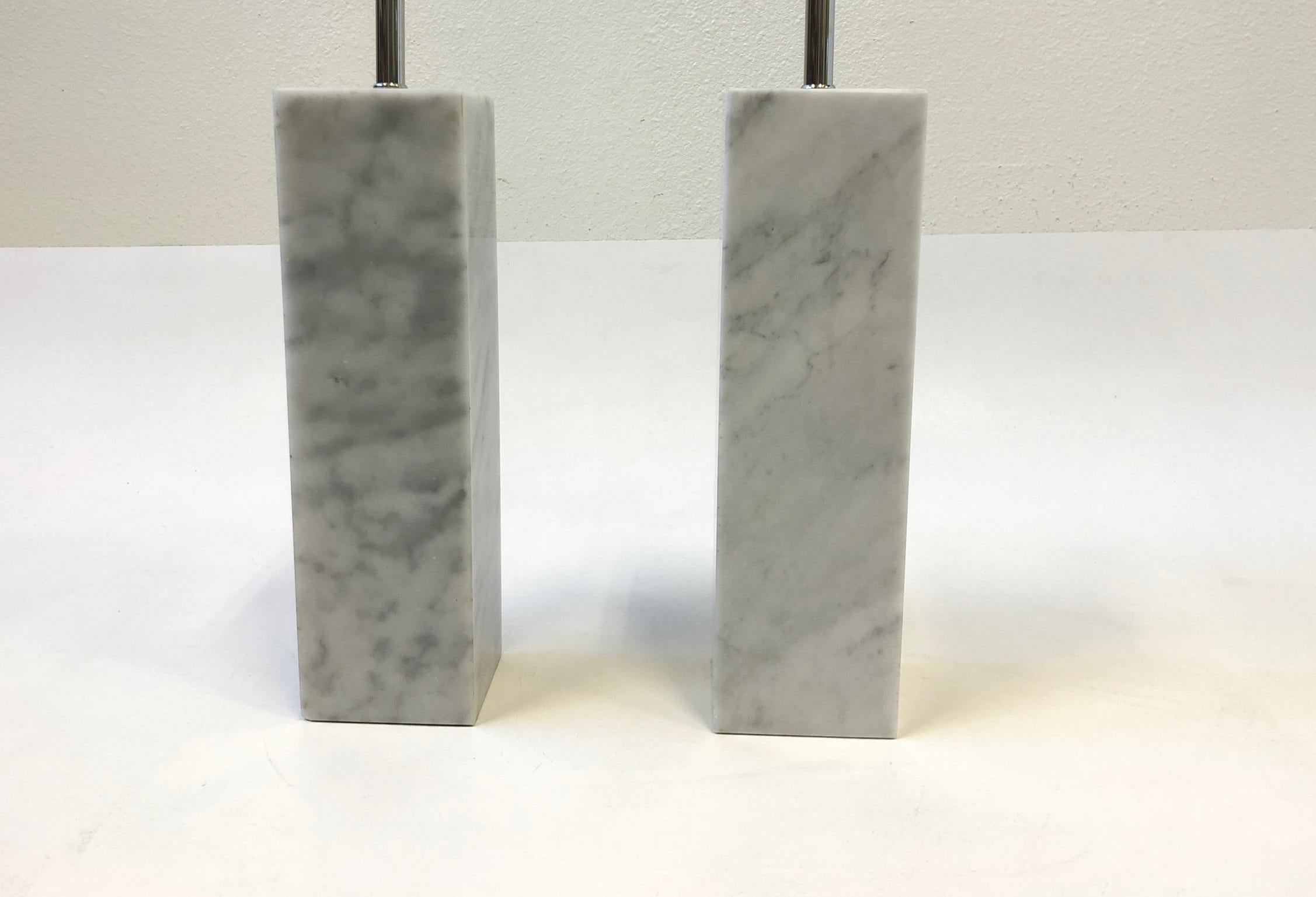 Pair of Carrara Marble and Nickel Table Lamps by Nessen For Sale 3