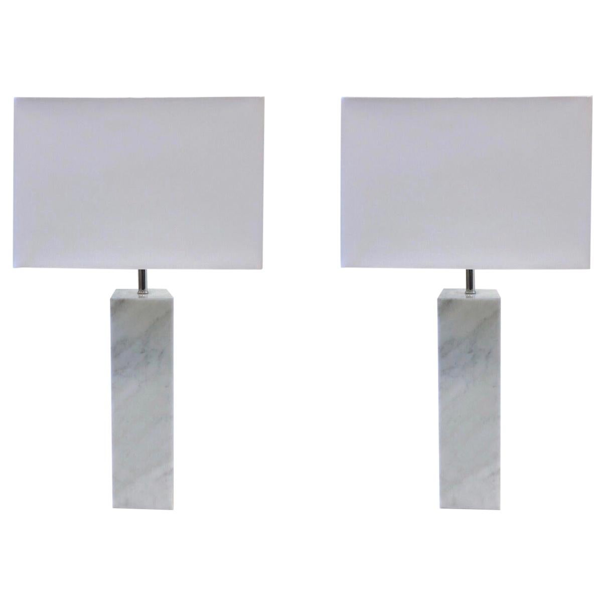 Pair of Carrara Marble and Nickel Table Lamps by Nessen For Sale