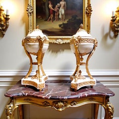 Pair of Carrara Marble Cassolettes with Gilt Bronze Ram’s Head, 19th Century