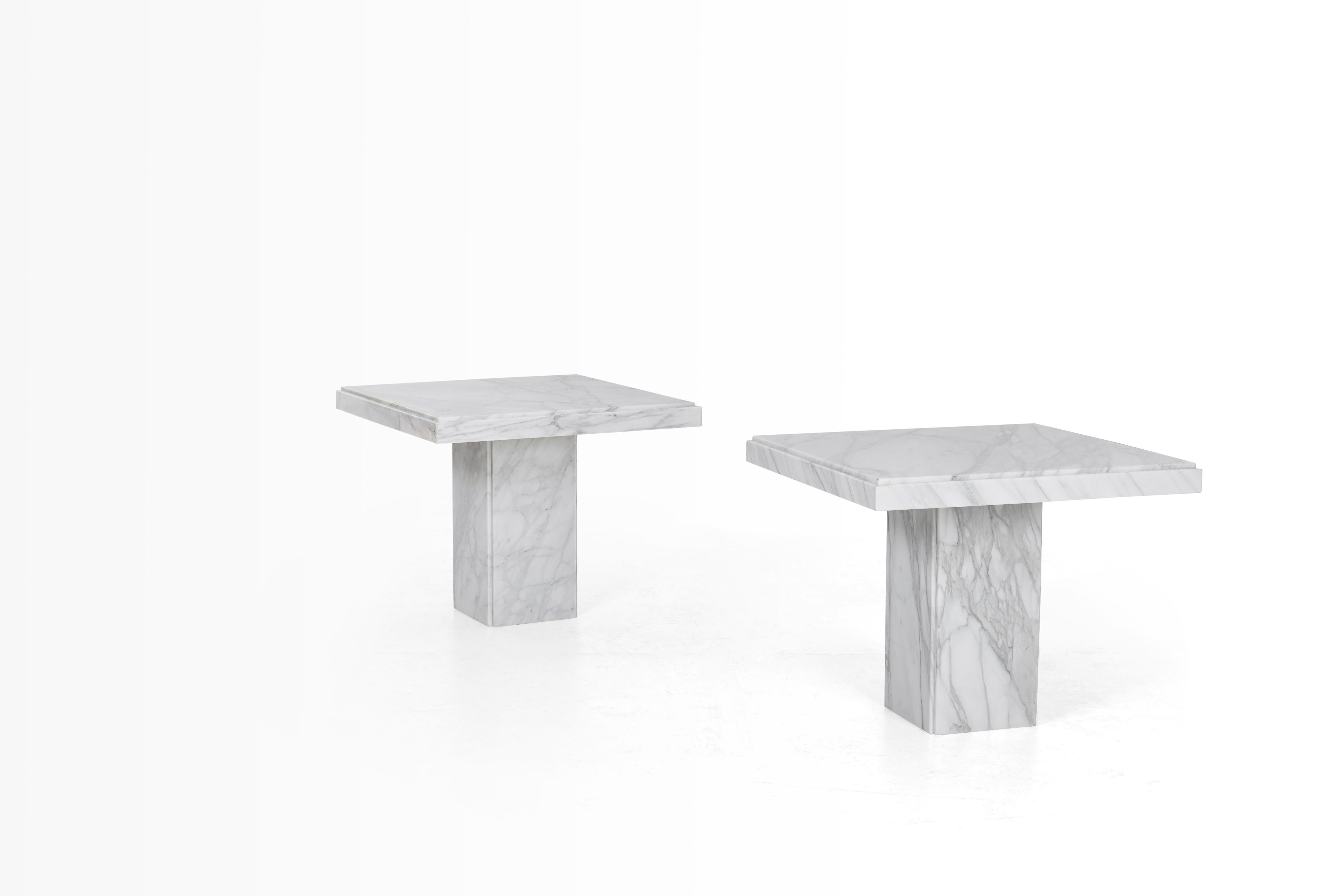 Italian marble end tables, polished Carrara marble with offset square edge details, top 2.5