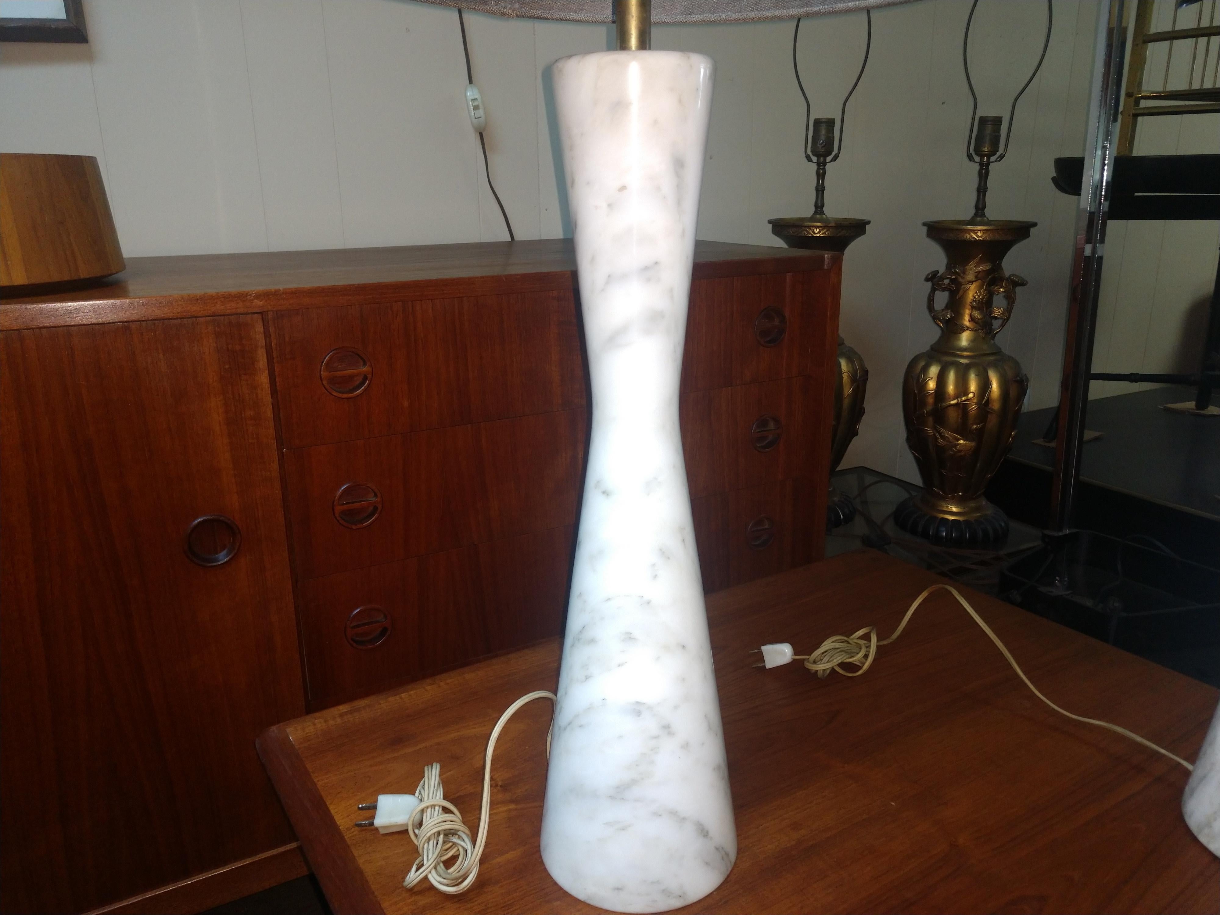 Mid-20th Century Pair of Carrara Marble Mid Century Tall Hour Glass Shape Table Lamps For Sale