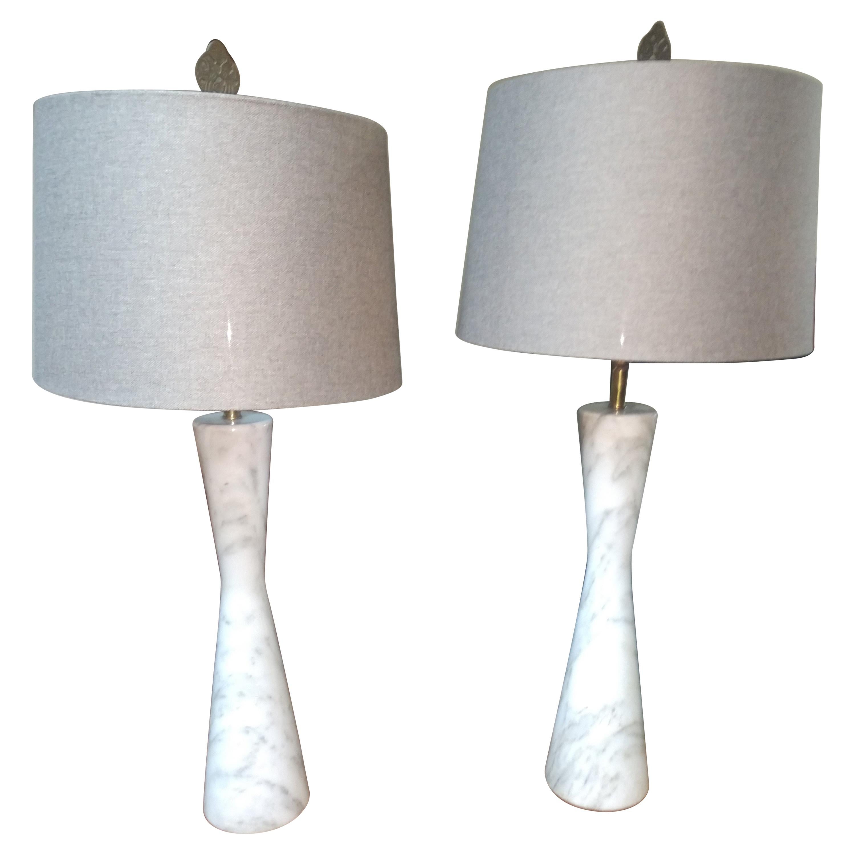 Pair of Carrara Marble Mid Century Tall Hour Glass Shape Table Lamps For Sale