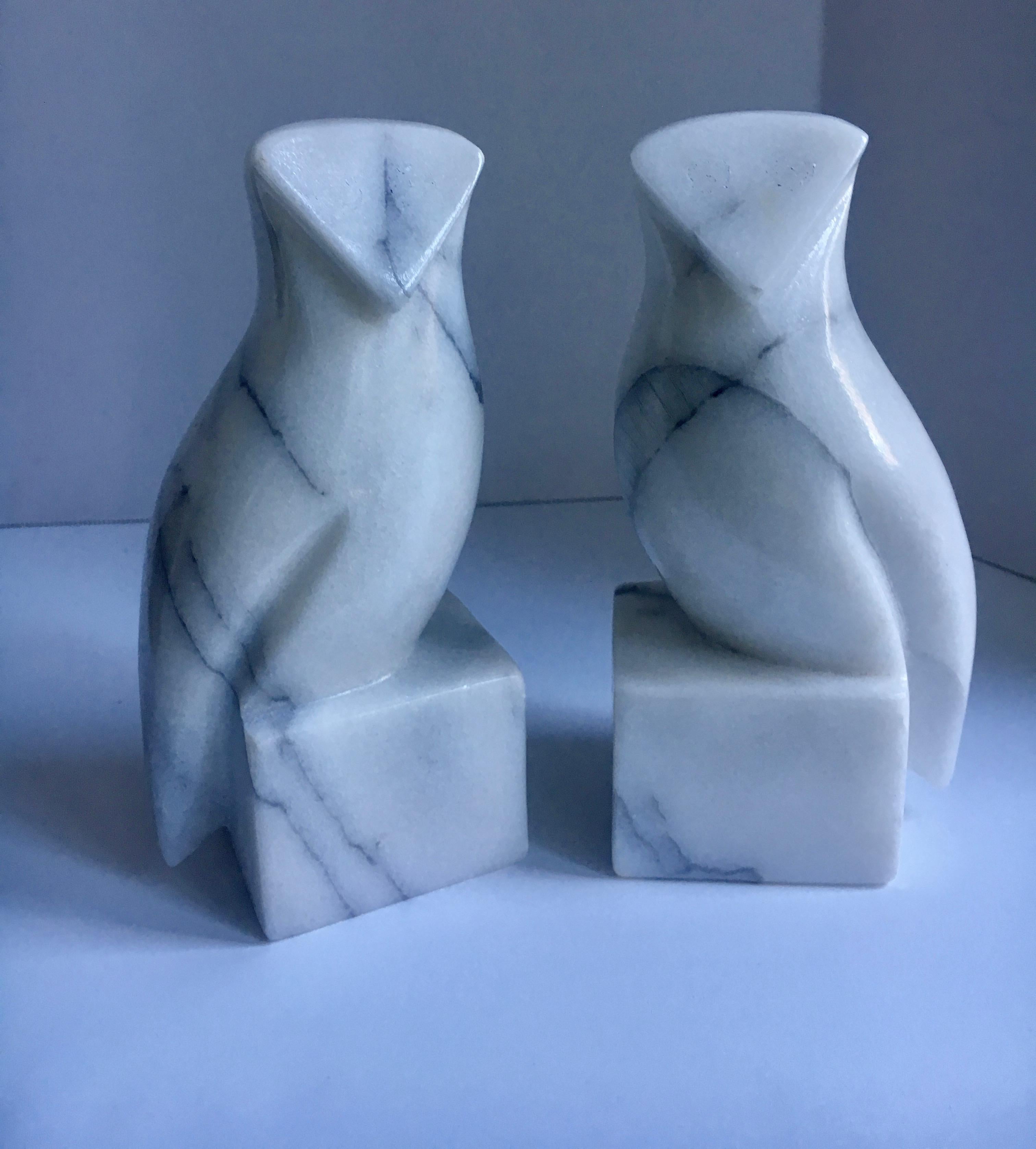 Mid-Century Modern Pair of Carrara Marble Owl Bookends